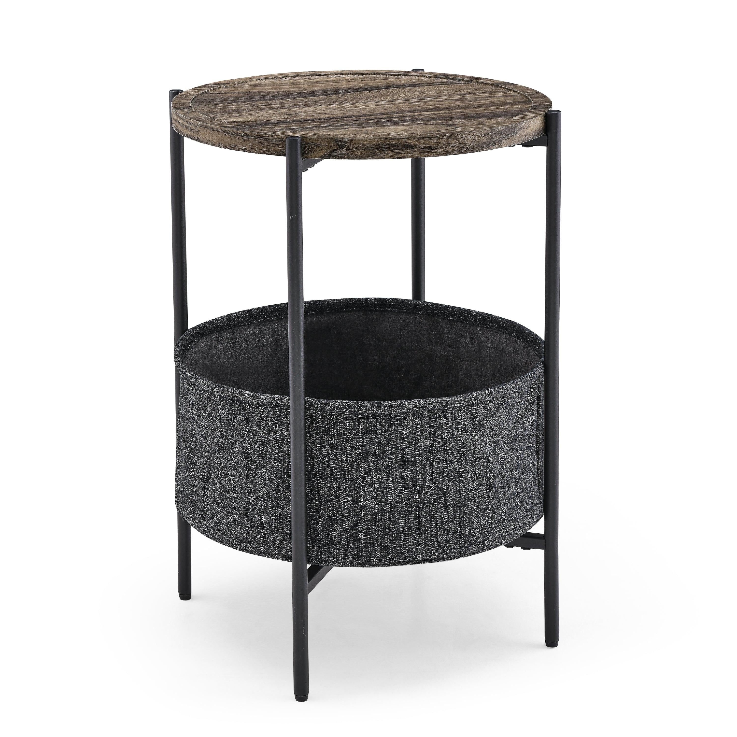 Modern Accent End Table withStorage Basket，Grey Cloth Bag and Brown Top （18“x18”x24“）