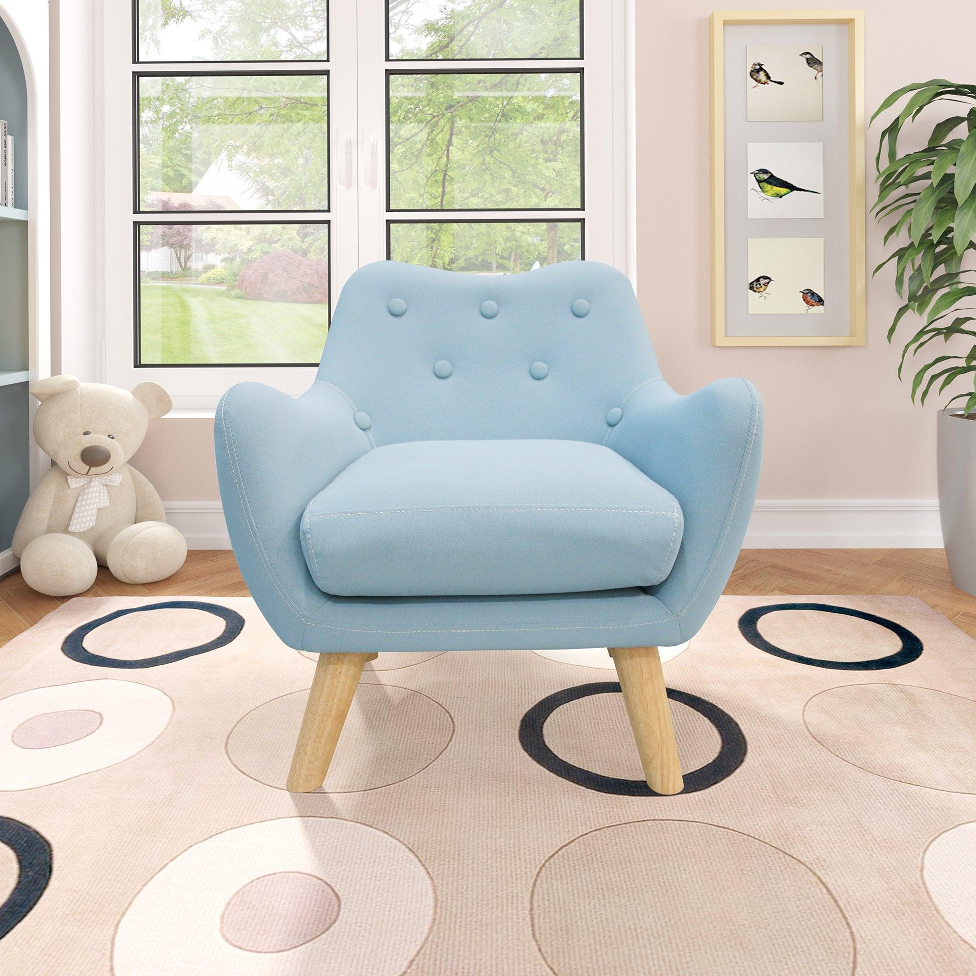 Microfibres fabric upholstered child accent armchair with wooden legs, kids sofa image