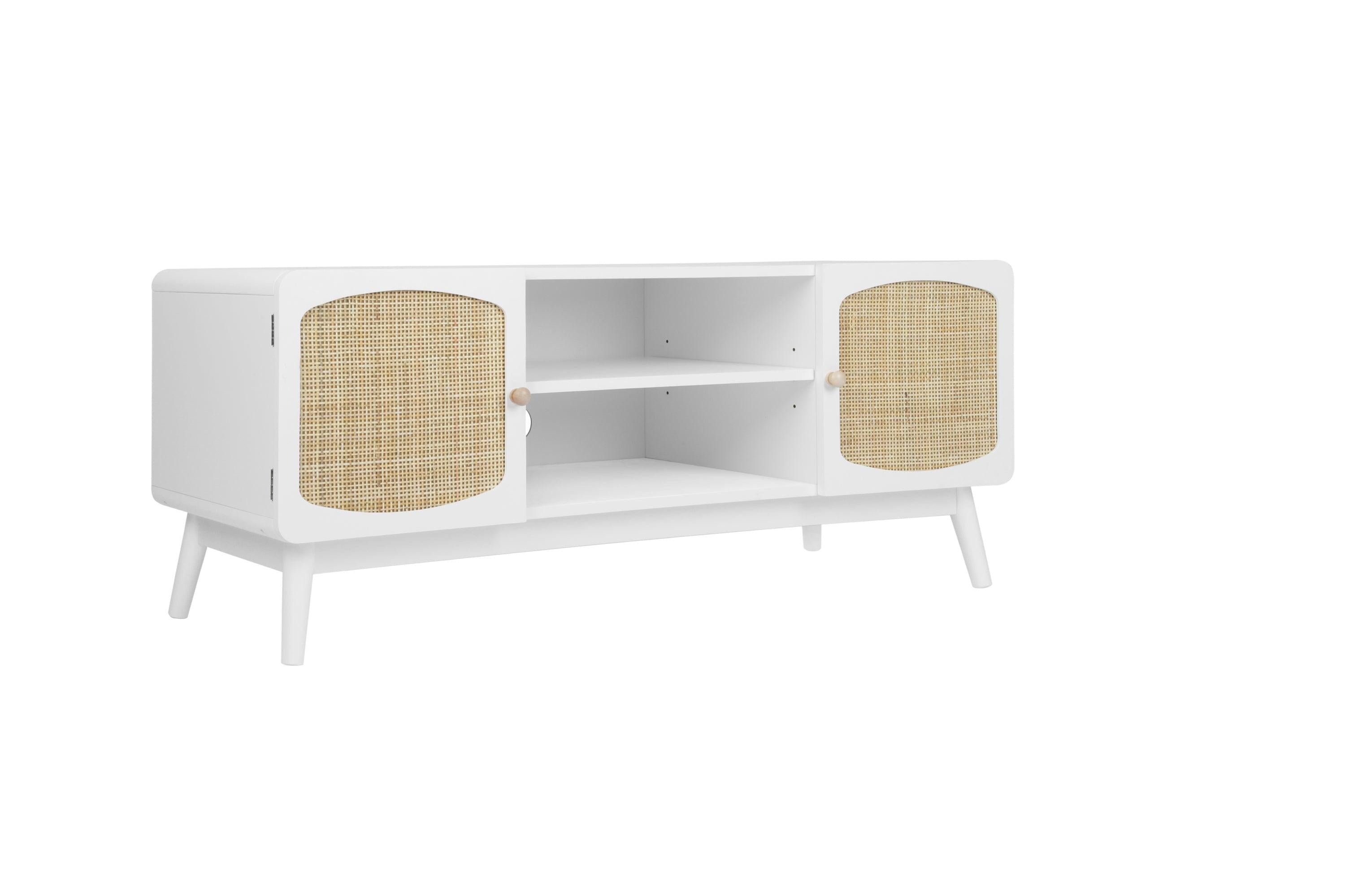 White TV Console with Rattan Door, Boho TV Stand for Bedroom, Living Room