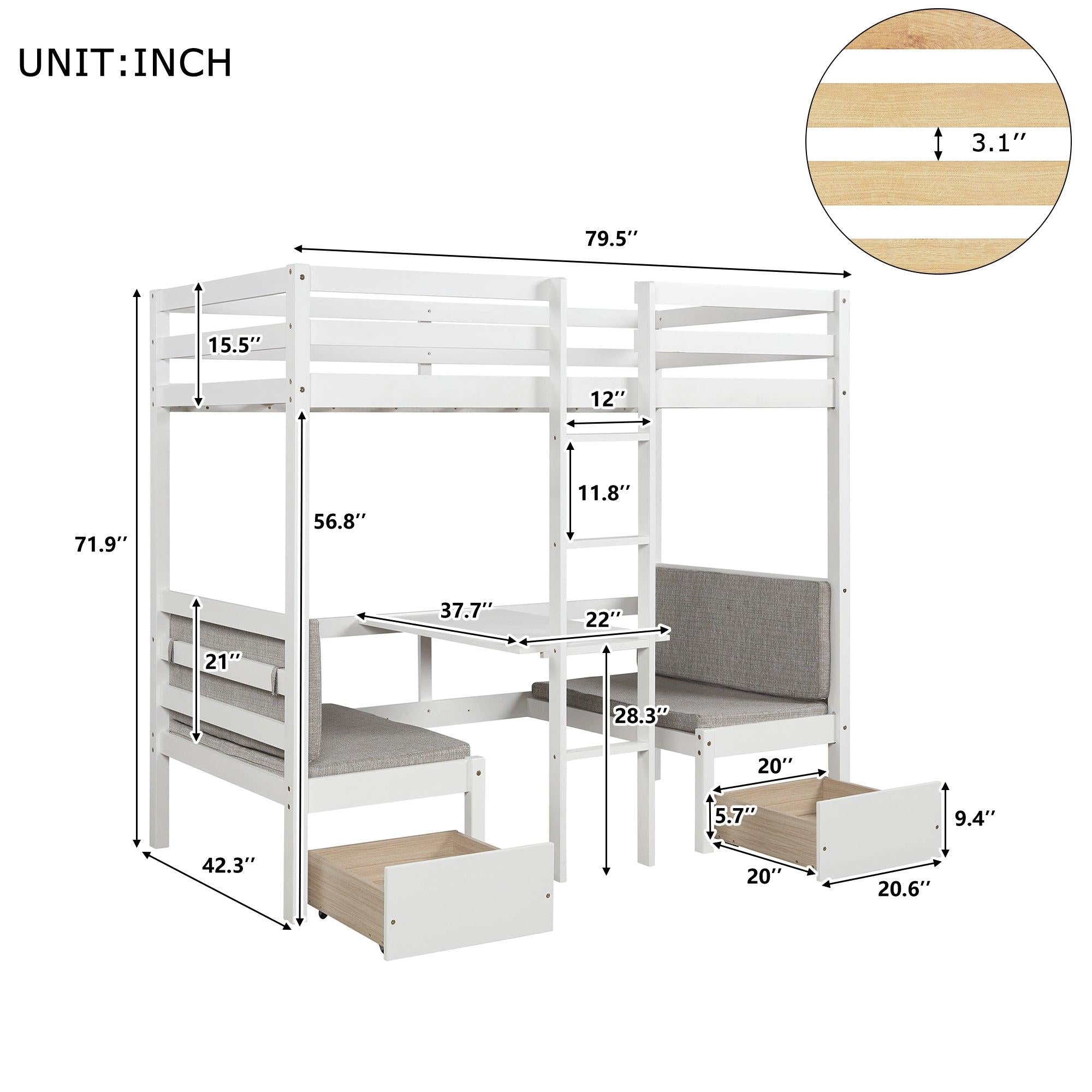 Functional Loft Bed (turn into upper bed and down desk，cushion sets are free),Twin Size,White