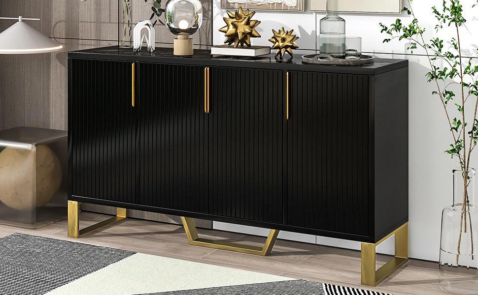 Modern sideboard with Four Doors, Metal handles & Legs and Adjustable Shelves Kitchen Cabinet (Black)