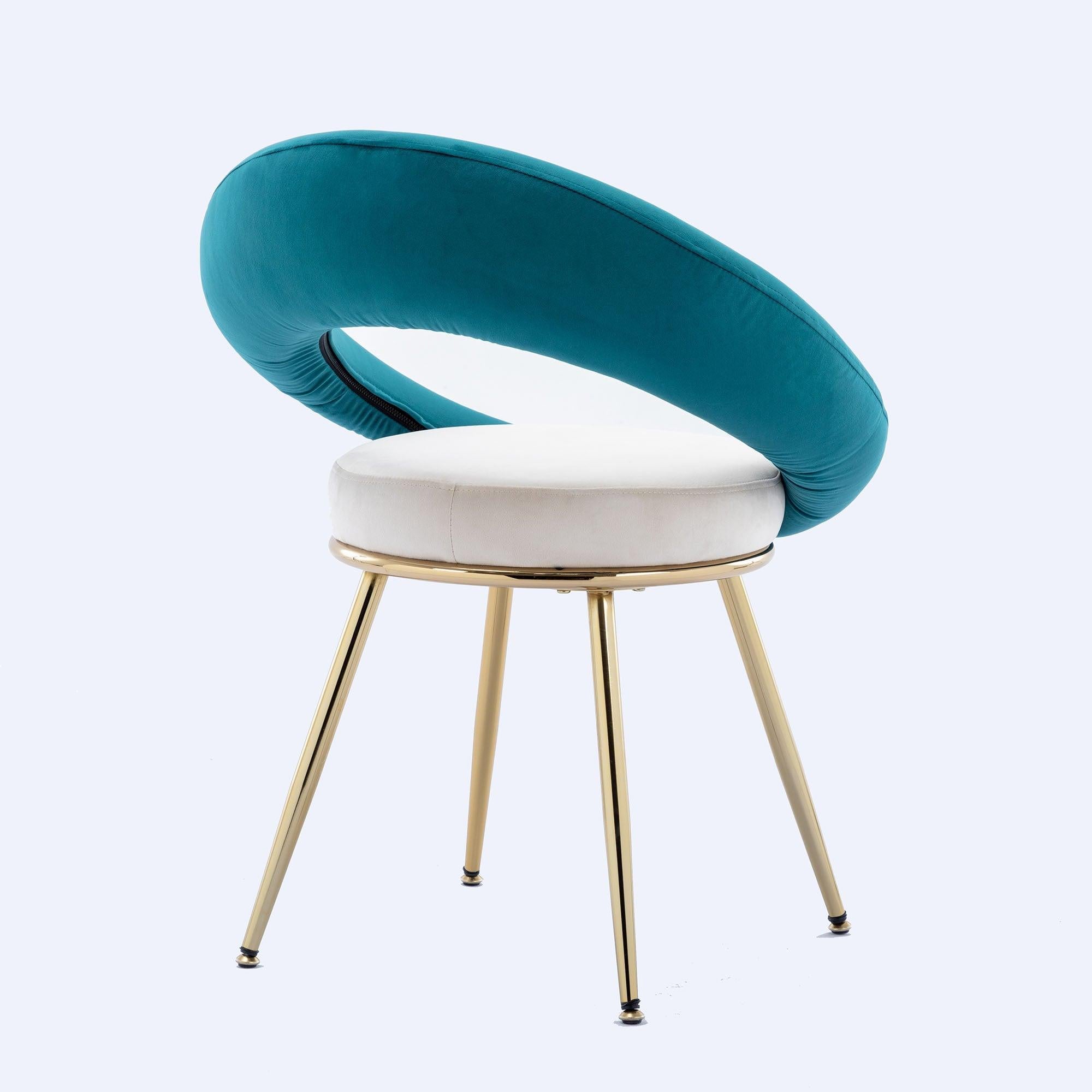 Peacock Blue+Off-White VelvetModern accent/Conversation Lounge Chair With  Gold Plated Legs, unique appearance，Suitable For Office, Lounge, Living Room