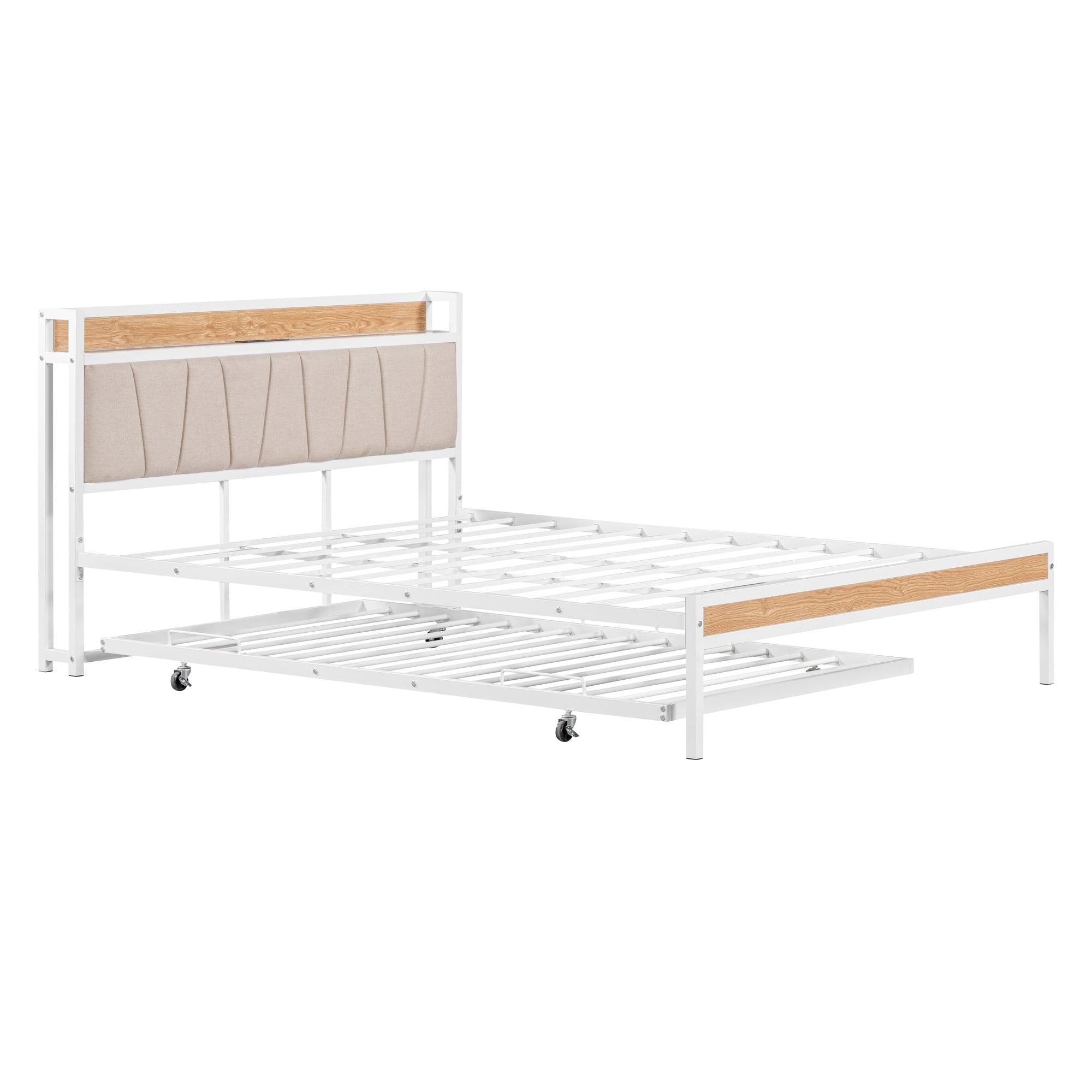 Queen Size Metal Platform Bed Frame with Twin size trundle, Upholstered headboard ，Sockets, USB Ports and Slat Support ,No Box Spring Needed，White