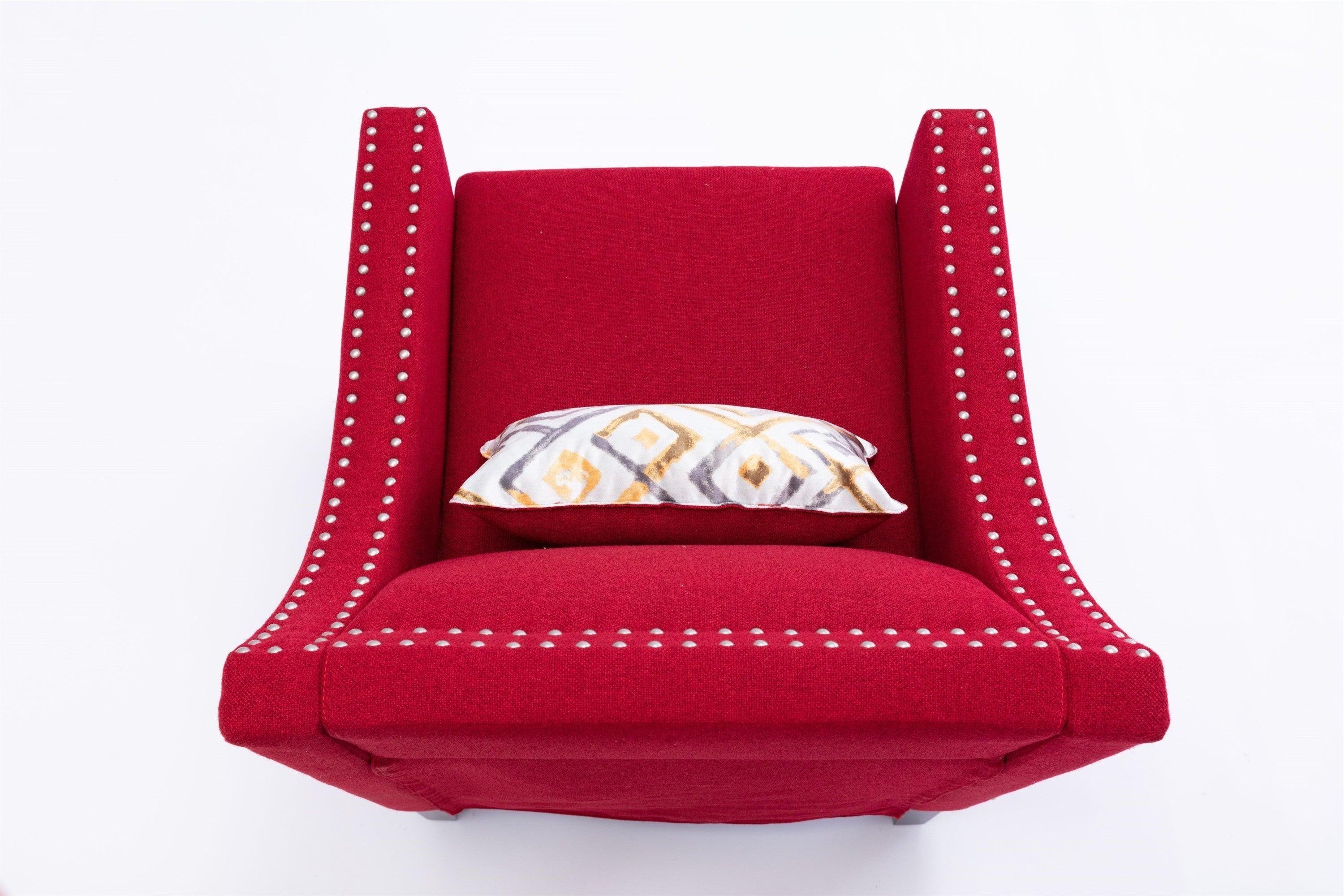 accent armchair living room chair  with nailheads and solid wood legs  Red Linen