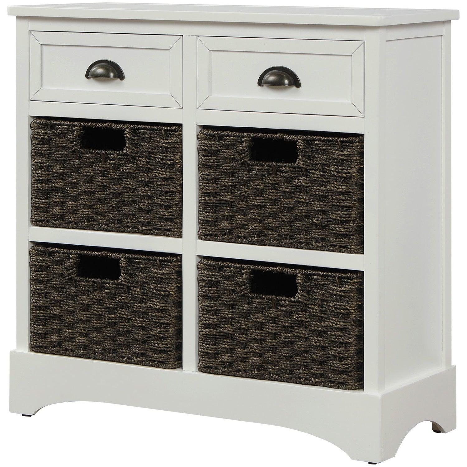 RusticStorage Cabinet with Two Drawers and Four  Classic Rattan Basket for Dining Room/Living Room (White)