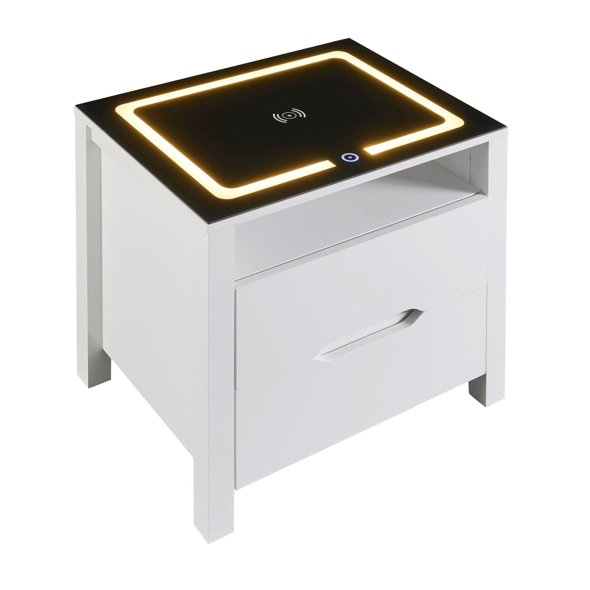 MultifunctionalStorage Nightstand with 2 Drawers and an open shelf, Wireless Charging with adjustable LED, White