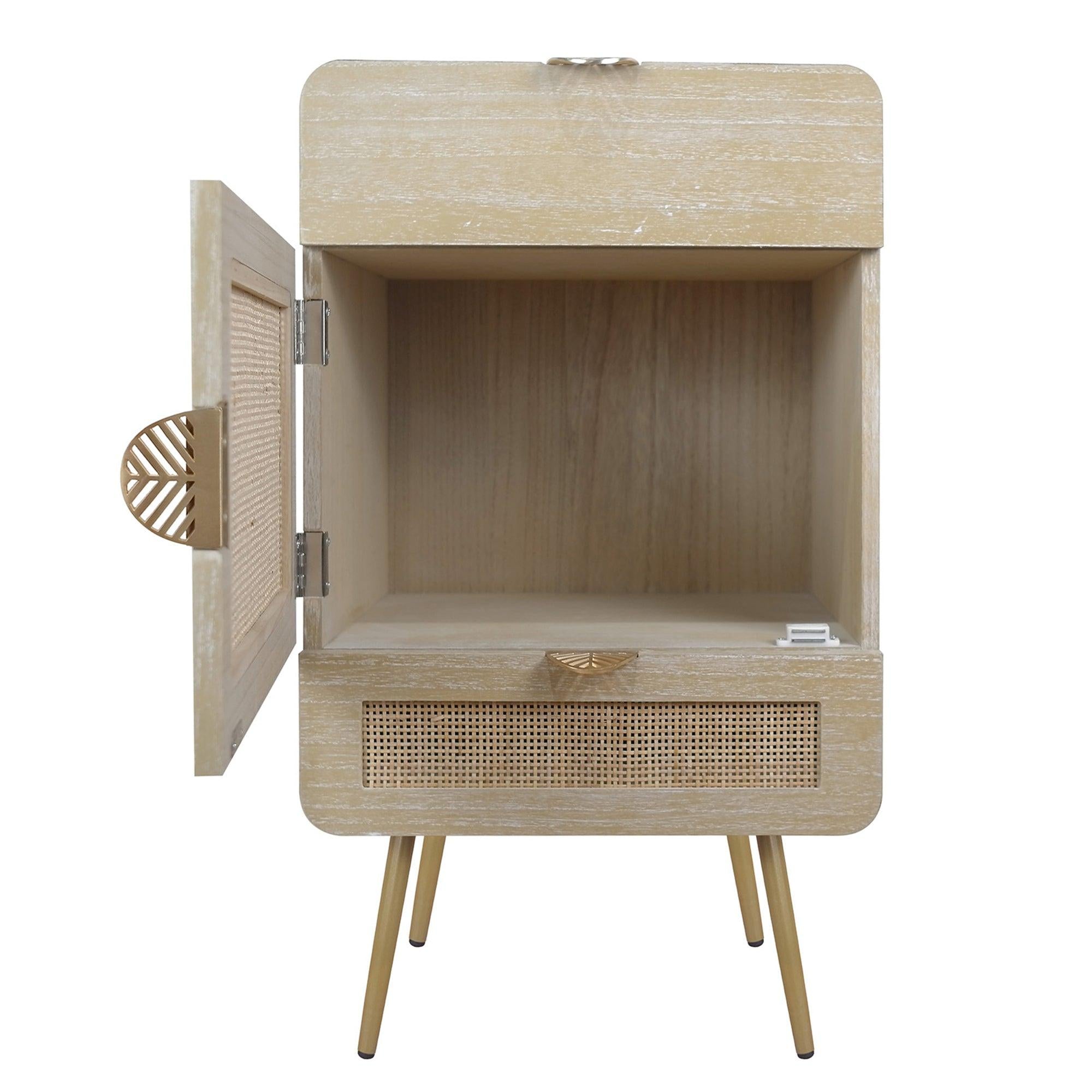 Wooden Nightstand with Rattan Panel,Two Drawers ,One Cabinet and Metal Feet  Bedside Table (Natural)