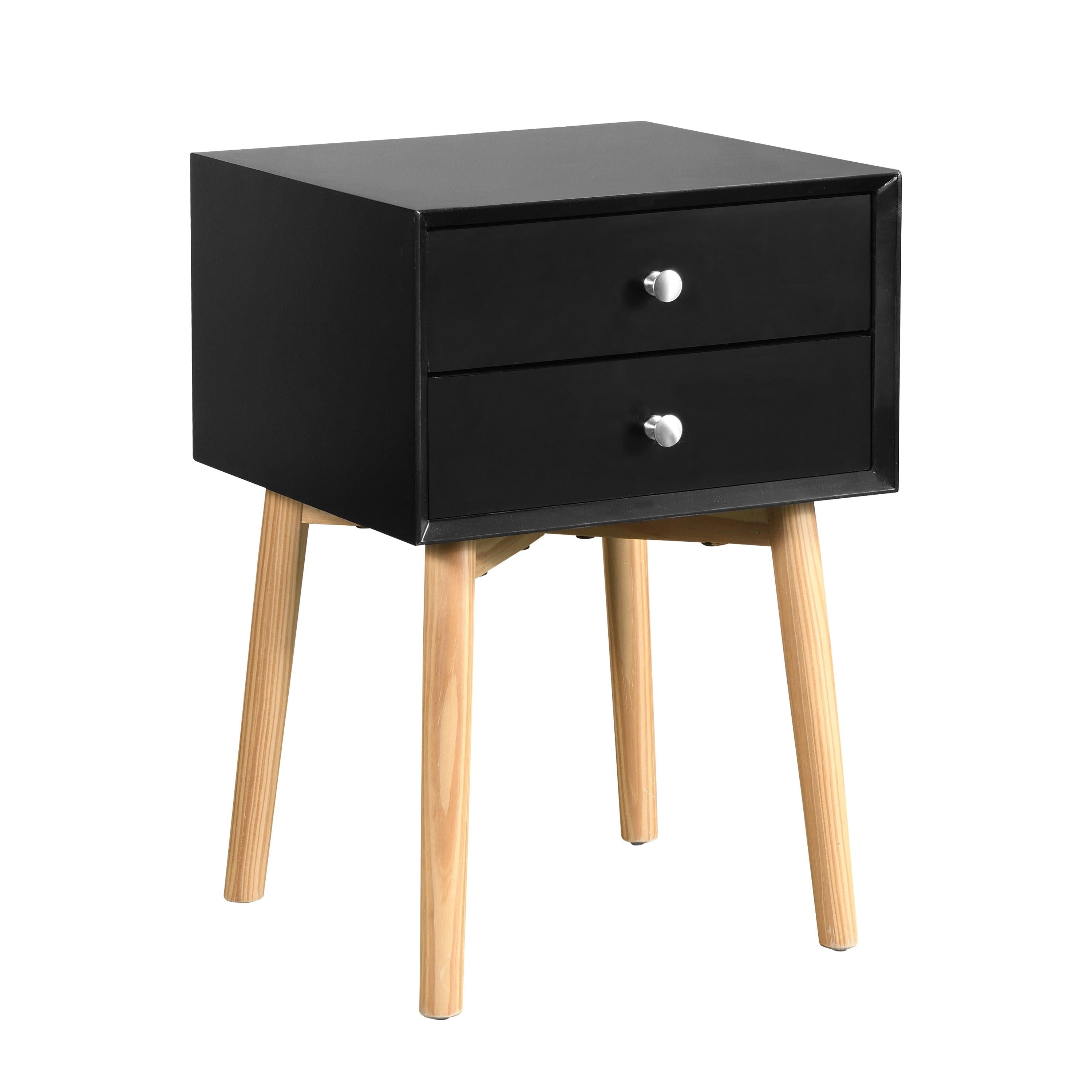 Side Table,Bedside Table with 2 Drawers and Rubber Wood Legs, Mid-CenturyModernStorage Cabinet for Bedroom Living Room, Black