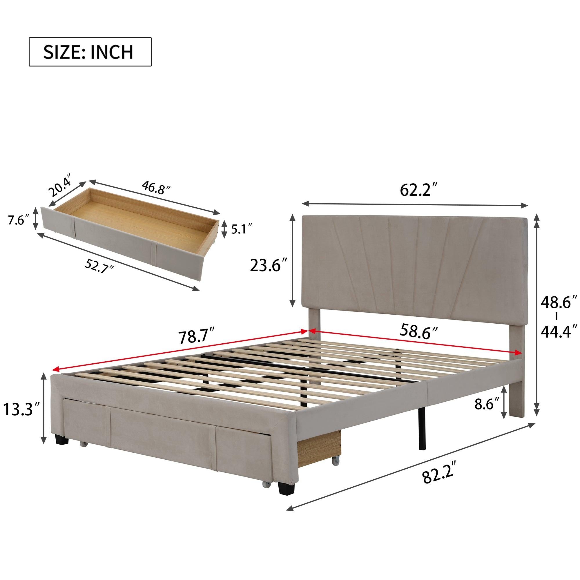 Queen SizeStorage Bed Velvet Upholstered Platform Bed with a Big Drawer - Beige