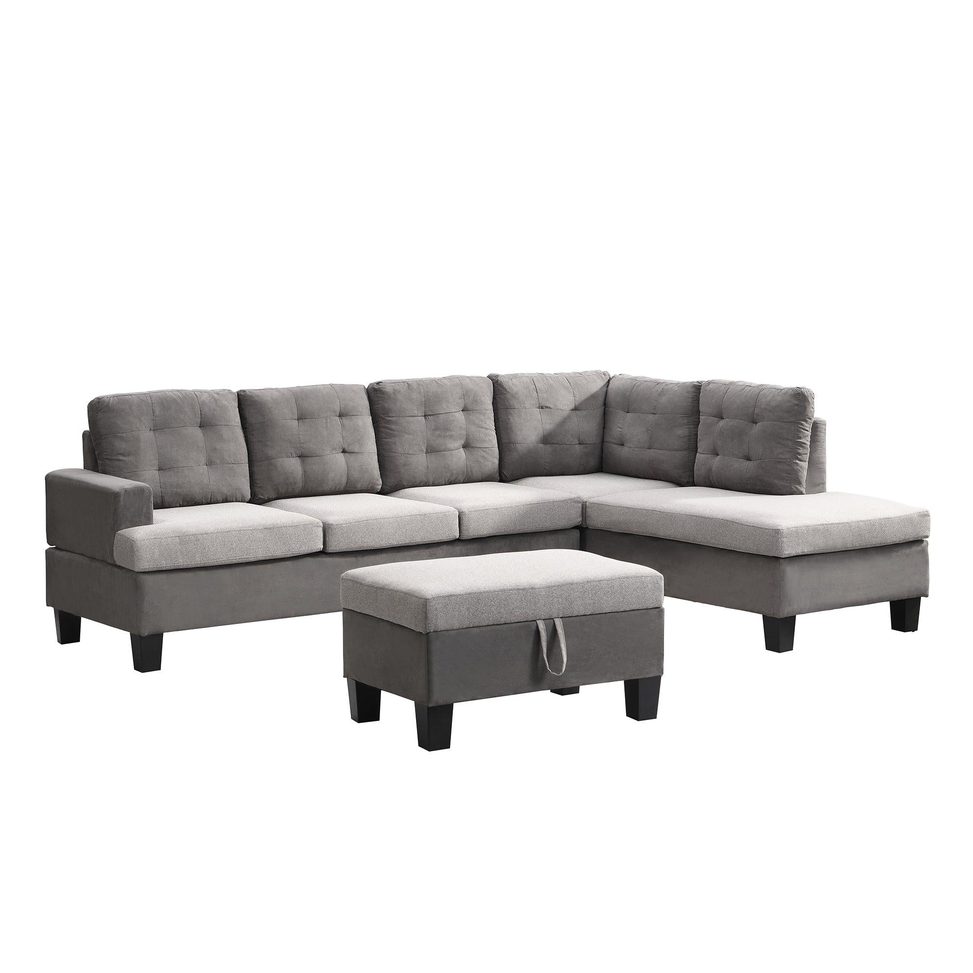 Sofa Set  for Living Room with Chaise Lounge andStorage Ottoman Living Room Furniture  Gray