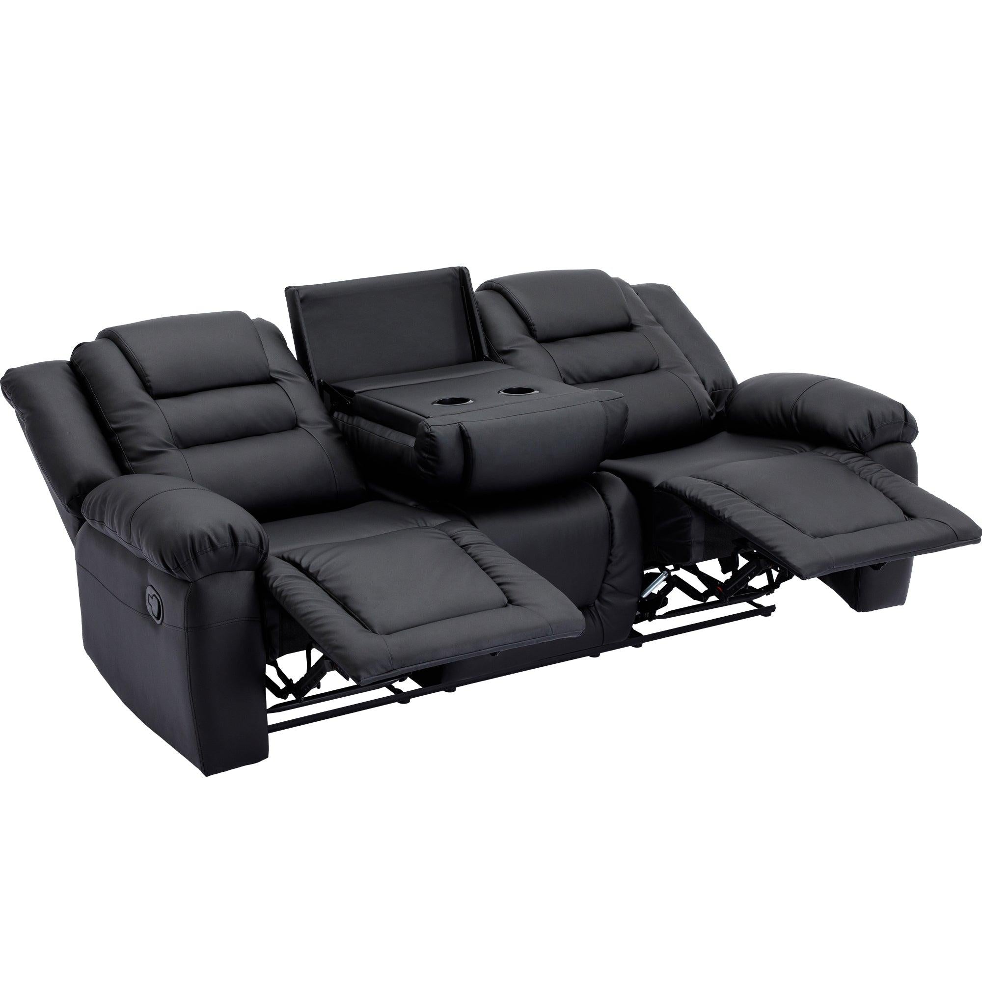 Home Theater Seating Manual Recliner with Center Console, PU Leather Reclining Sofa for Living Room,Black