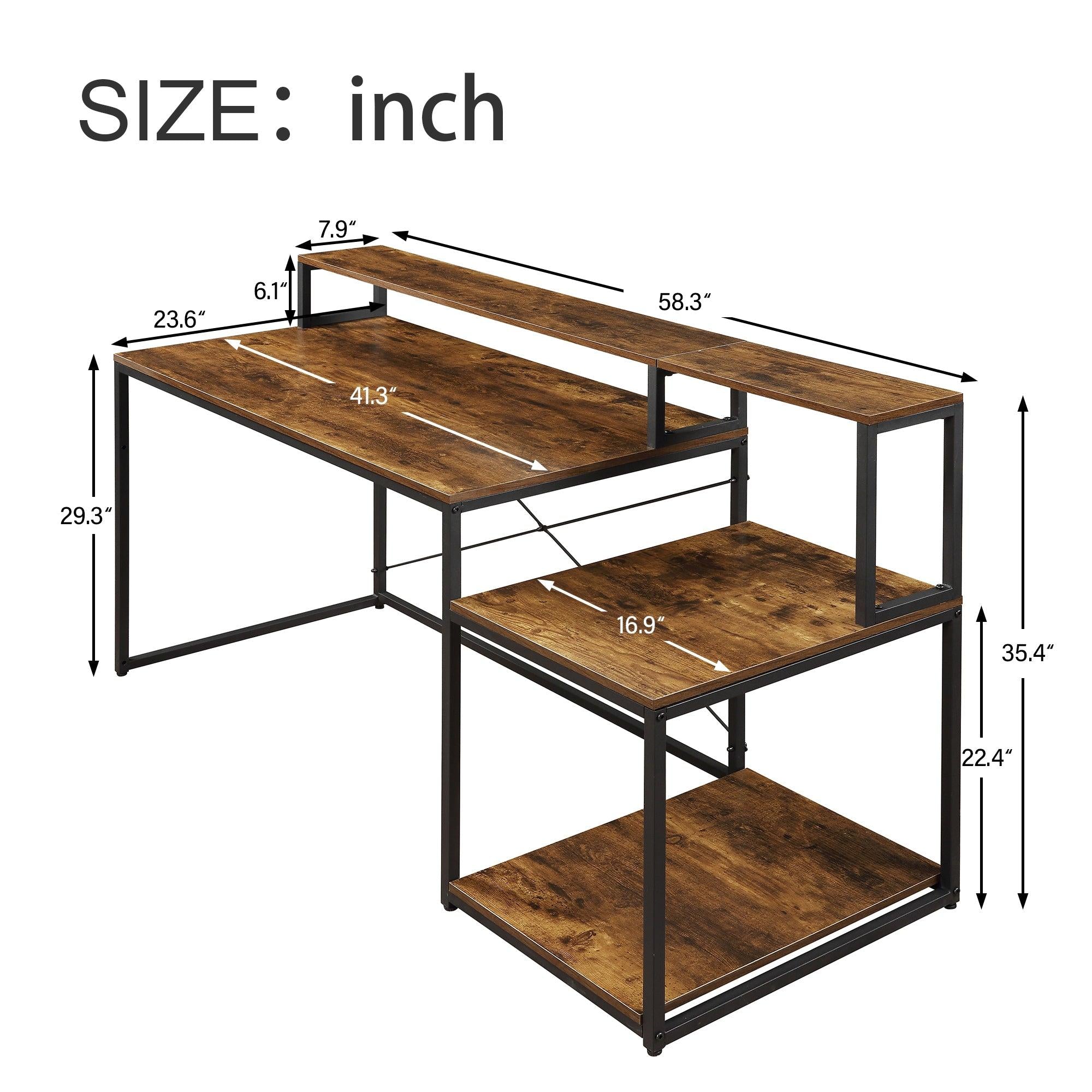 Home Office Computer Desk withStorage Shelves and Monitor Stand Riser Shelf Study Writing Desk Computer Table