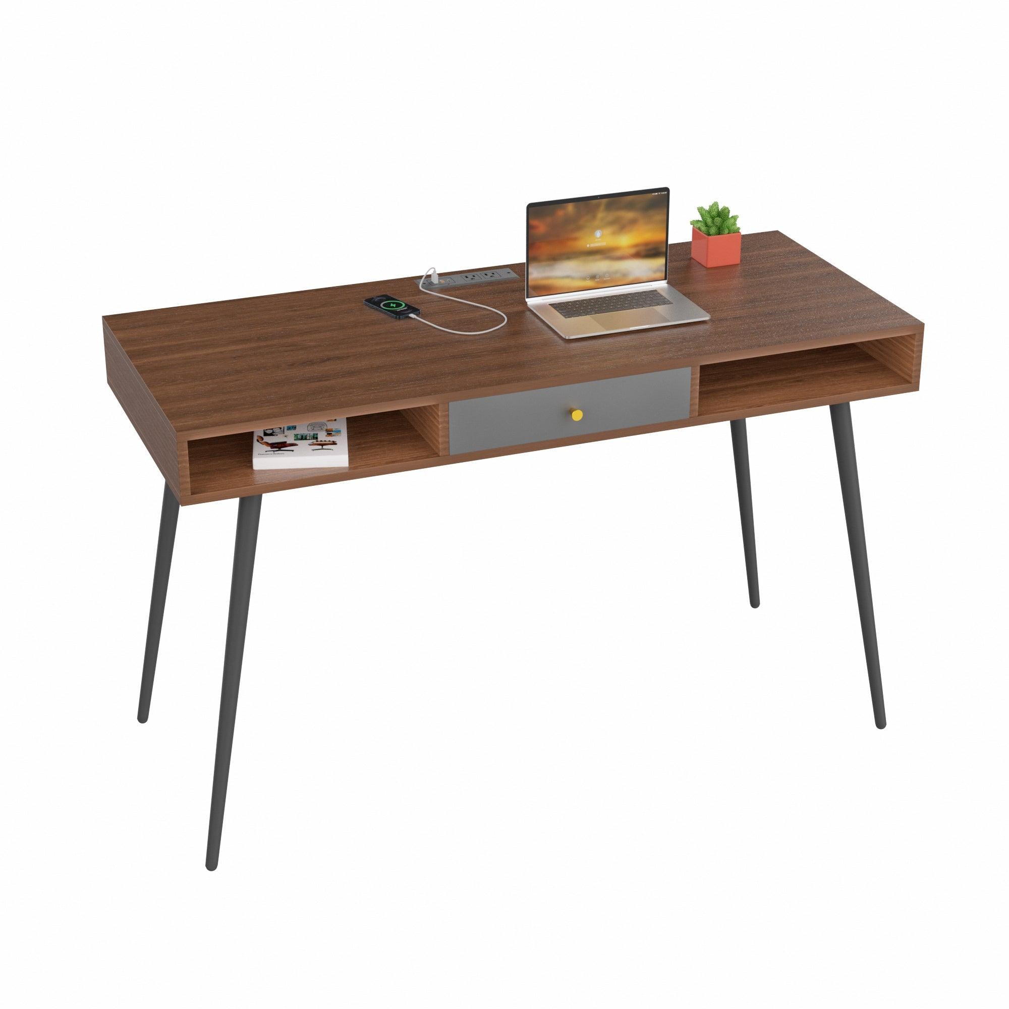 Mid Century Desk with USB Ports and Power Outlet,Modern Writing Study Desk with Drawers, Multifunctional Home Office Computer Desk Walnut