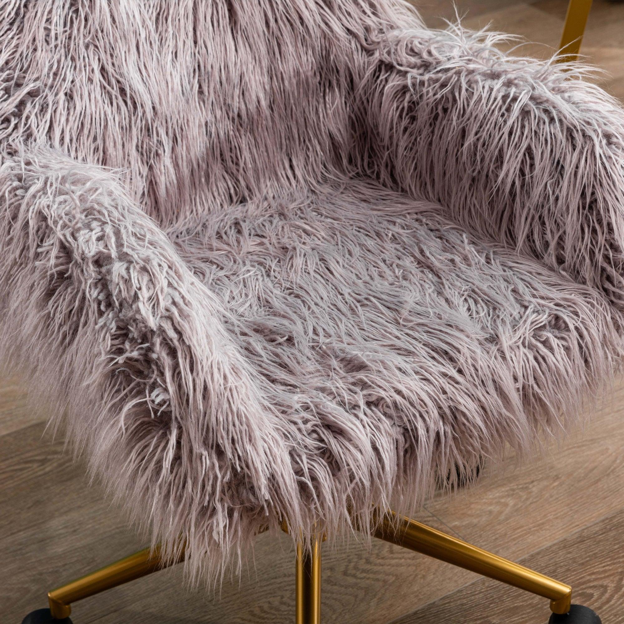 Modern Faux fur home office chair, fluffy chair for girls, makeup vanity Chair with Gold Plating Base