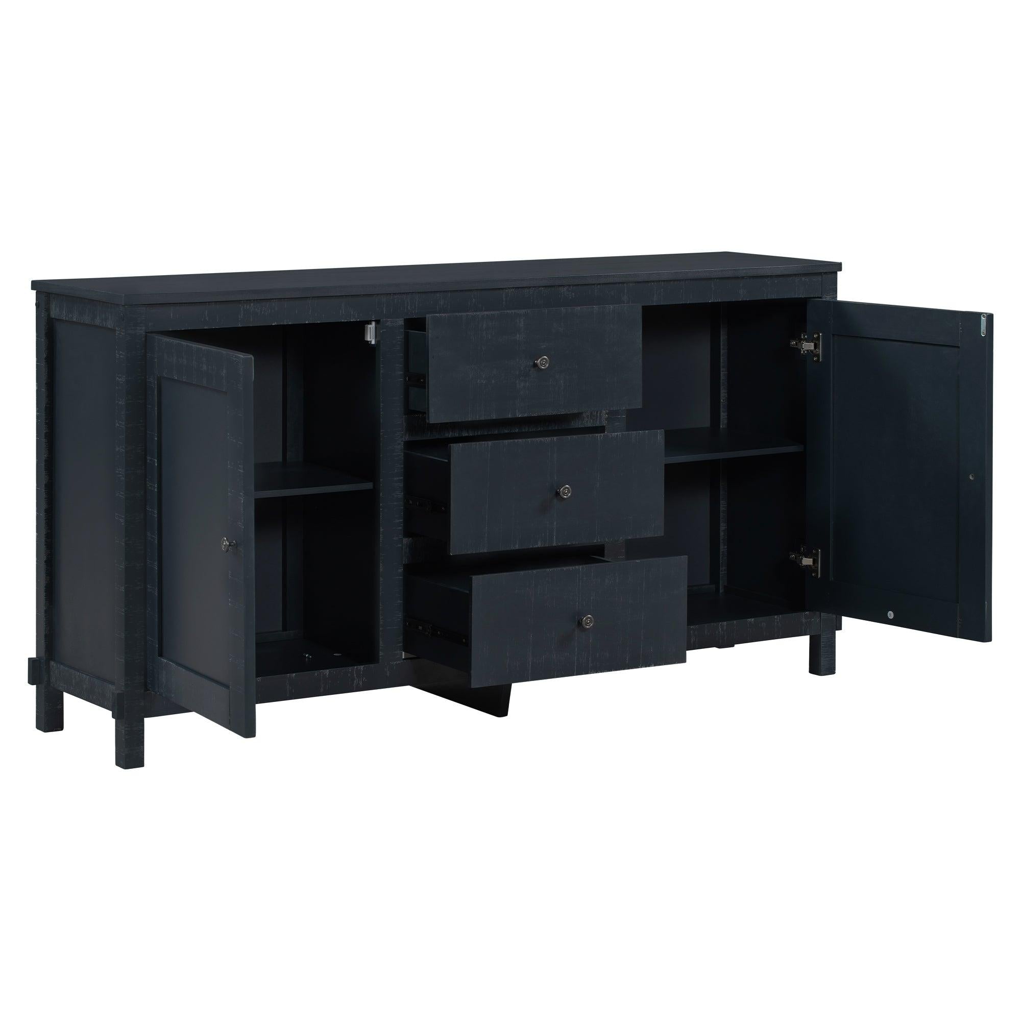 Retro Solid Wood Buffet Cabinet with 2Storage Cabinets, Adjustable Shelves and 3 Drawers for Living Room (Antique Black)