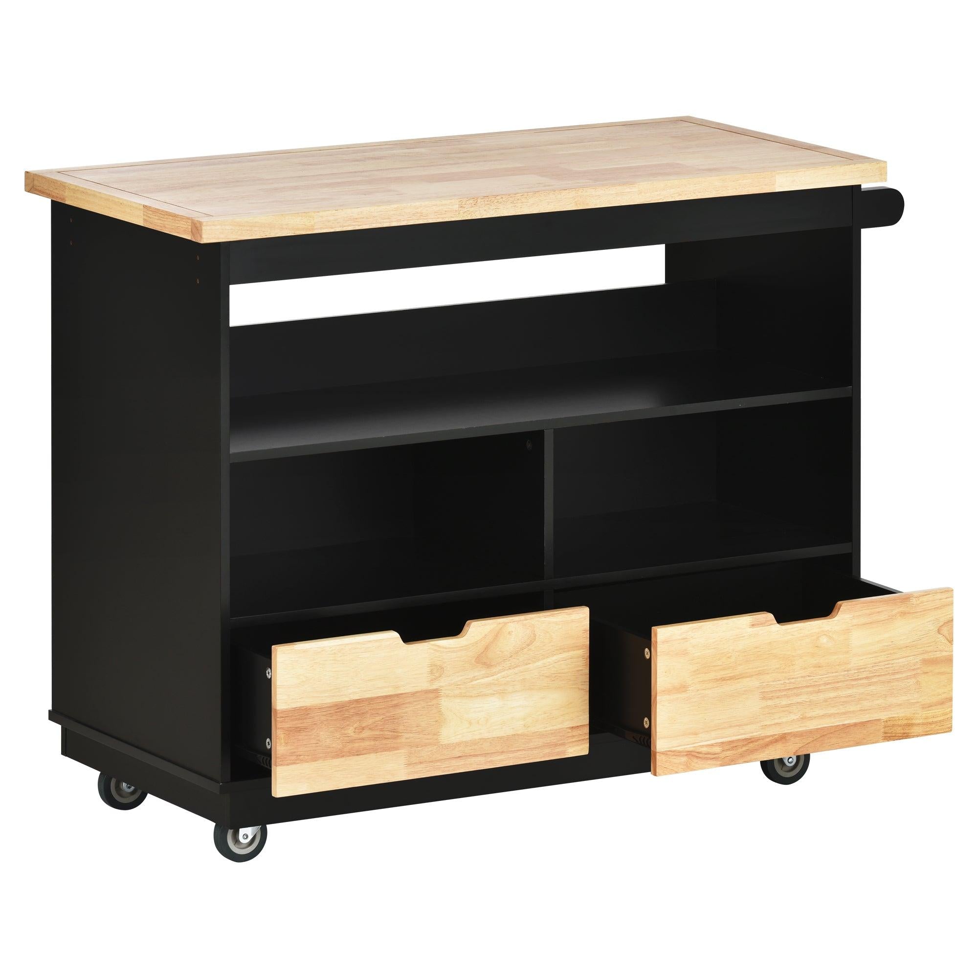 Kitchen Cart Rolling Mobile Kitchen Island Solid Wood Top, Kitchen Cart With 2 Drawers,Tableware Cabinet（Black）