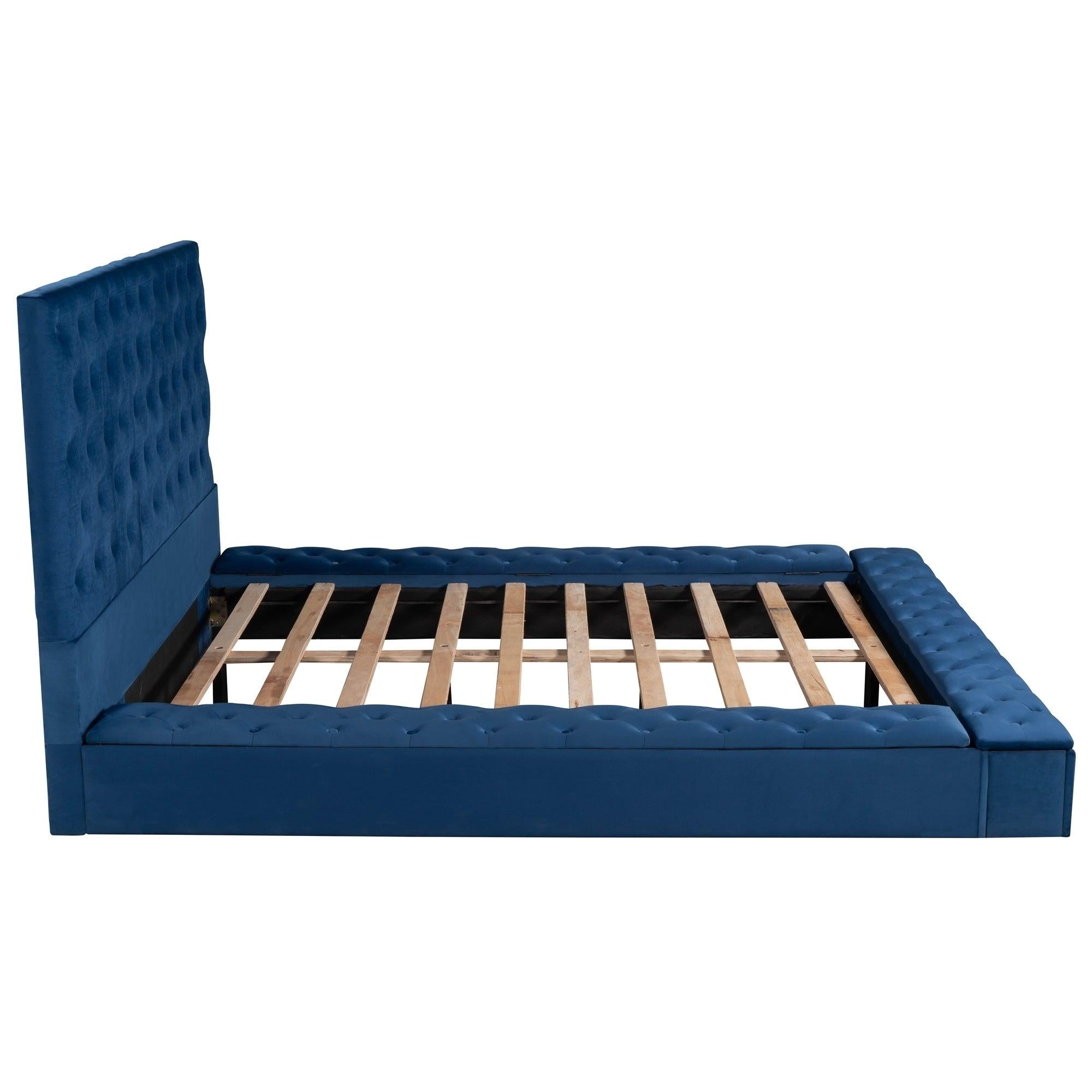 Queen Size Upholstery Low ProfileStorage Platform Bed withStorage Space on both Sides and Footboard,Blue