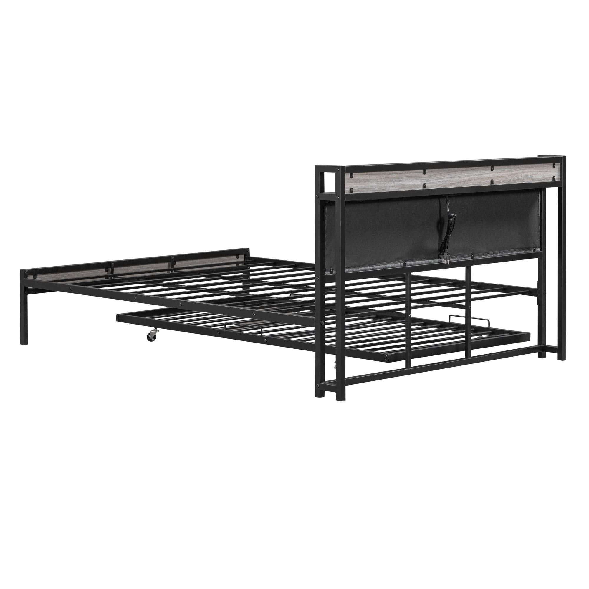 Queen Size Metal Platform Bed Frame with Twin size trundle, Upholstered headboard ，Sockets, USB Ports and Slat Support ,No Box Spring Needed，Black