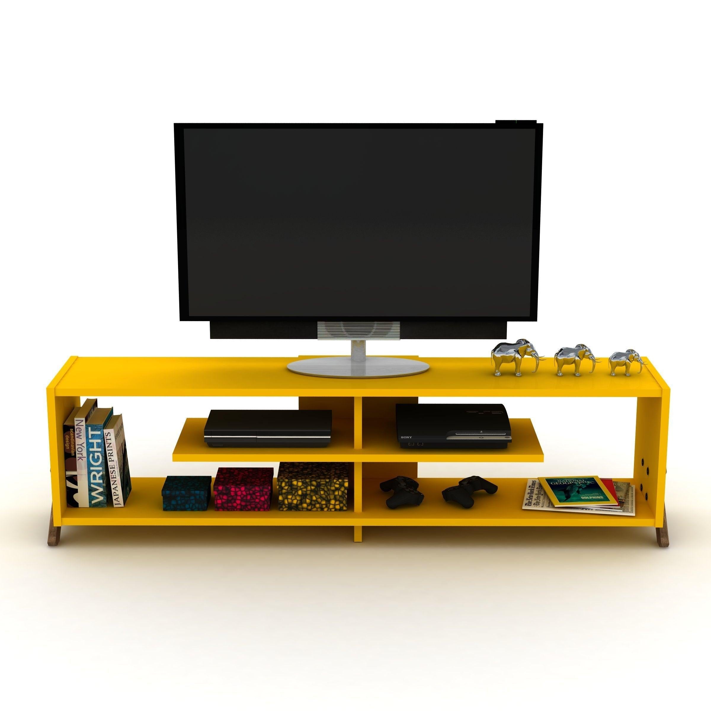 Mid CenturyModern Tv Stand 4 Shelves OpenStorage Wood Legs Entertainment Centre 57 inch Low Tv Unit, Walnut/Yellow image