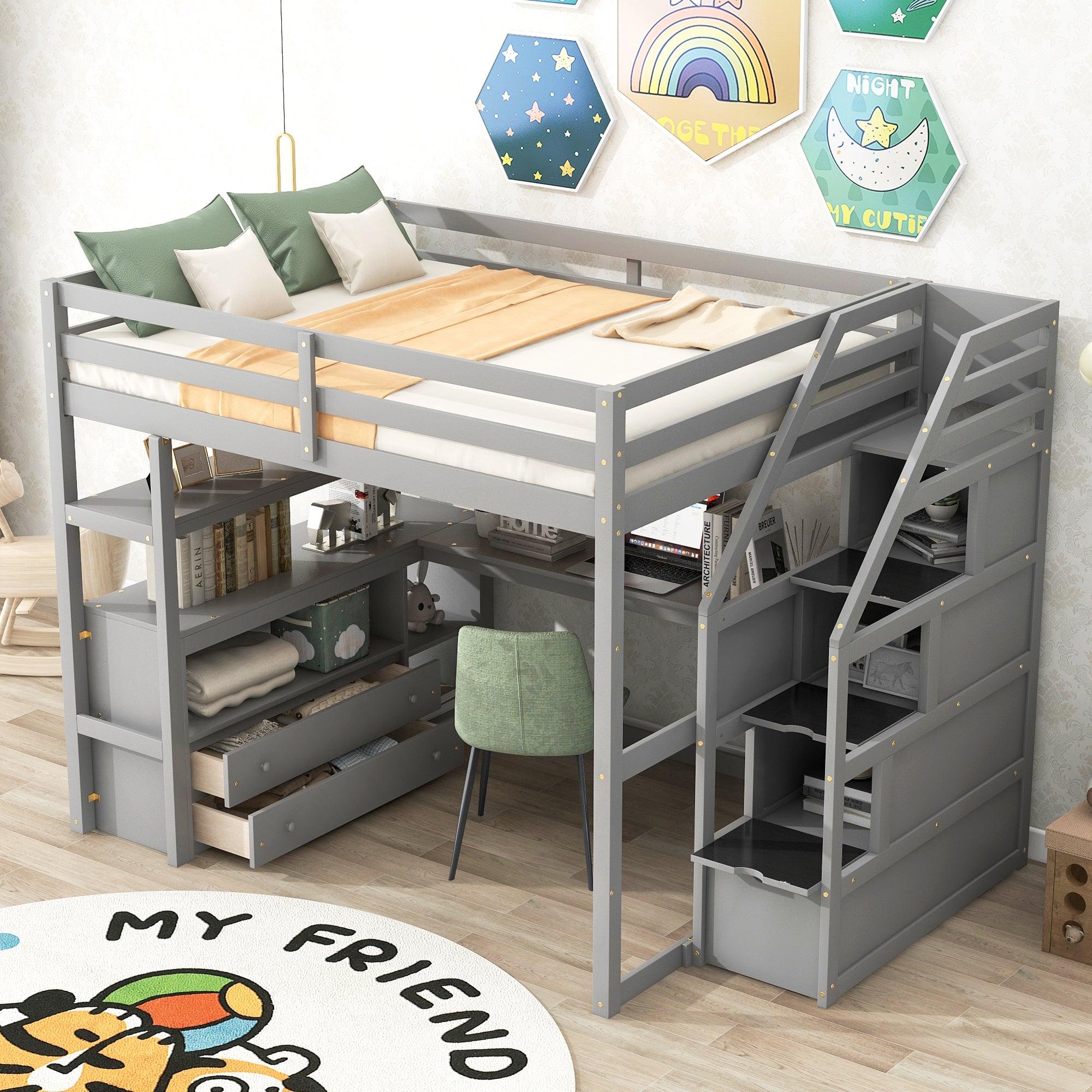 Full Size Loft Bed with Desk and Shelves, Two Built-in Drawers,Storage Staircase, Gray