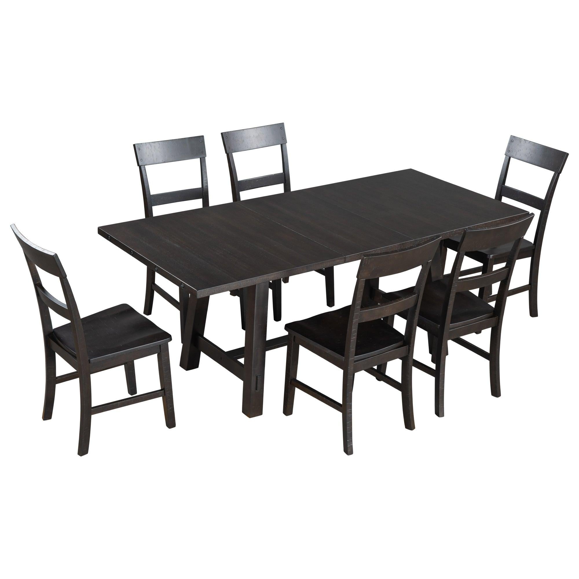 Retro Industrial Style 7-Piece Dining Table Set Extendable Table with 18” Leaf and Six Wood Chairs 
(Espresso)