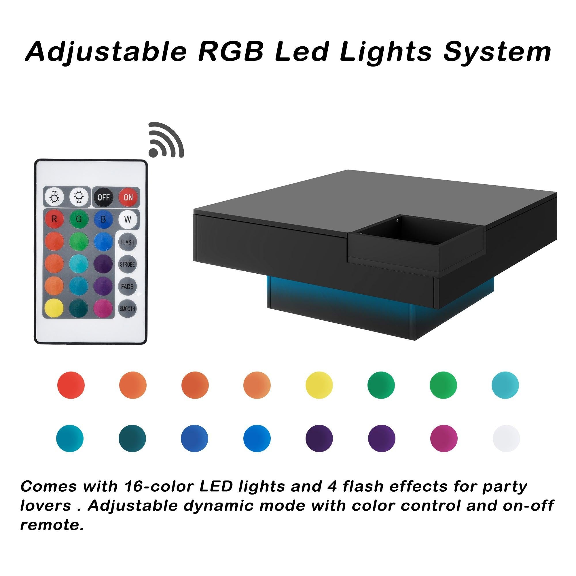 Modern Minimalist Design 31.5*31.5in Square Coffee Table with Detachable Tray and Plug-in 16-color LED Strip Lights Remote Control for Living Room