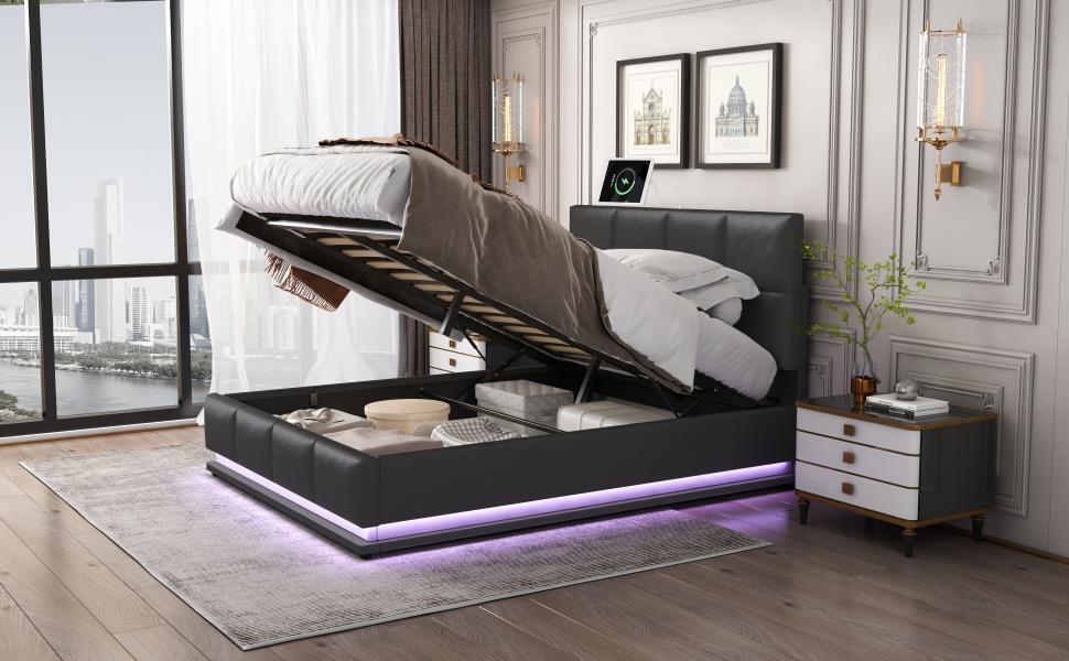 Tufted Upholstered Platform Bed with HydraulicStorage System,Queen Size PUStorage Bed with LED Lights and USB charger, Black