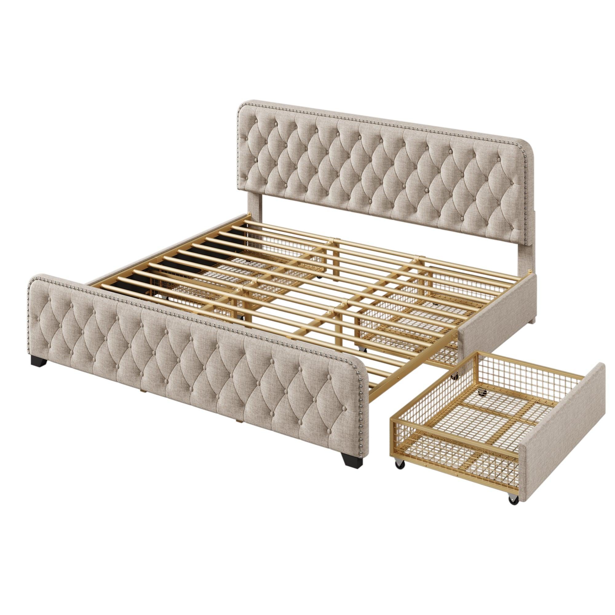 Upholstered Platform Bed Frame with Four Drawers, Button Tufted Headboard and Footboard Sturdy Metal Support, No Box Spring Required, Beige, King