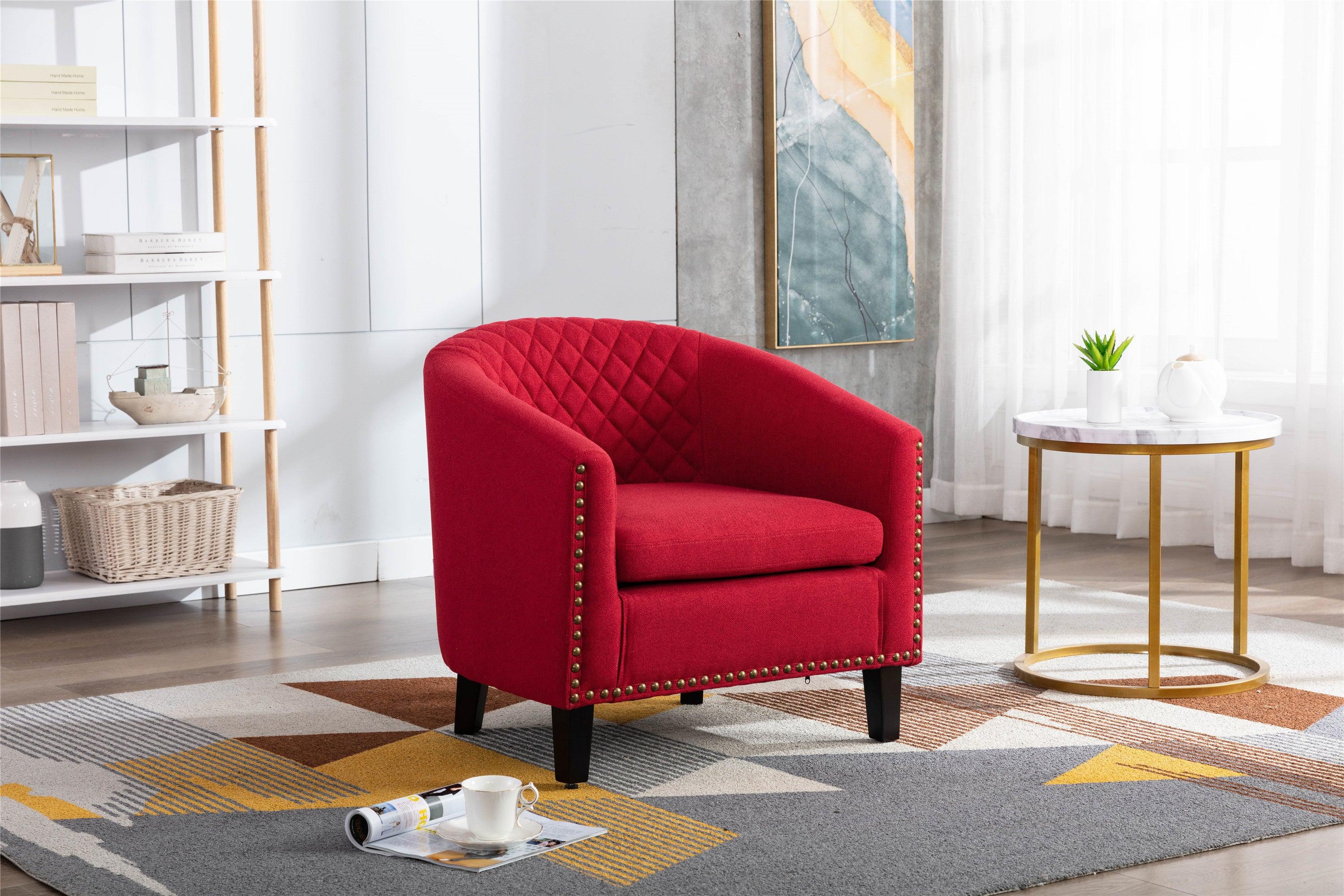 accent Barrel chair living room chair with nailheads and solid wood legs  Red  Linen