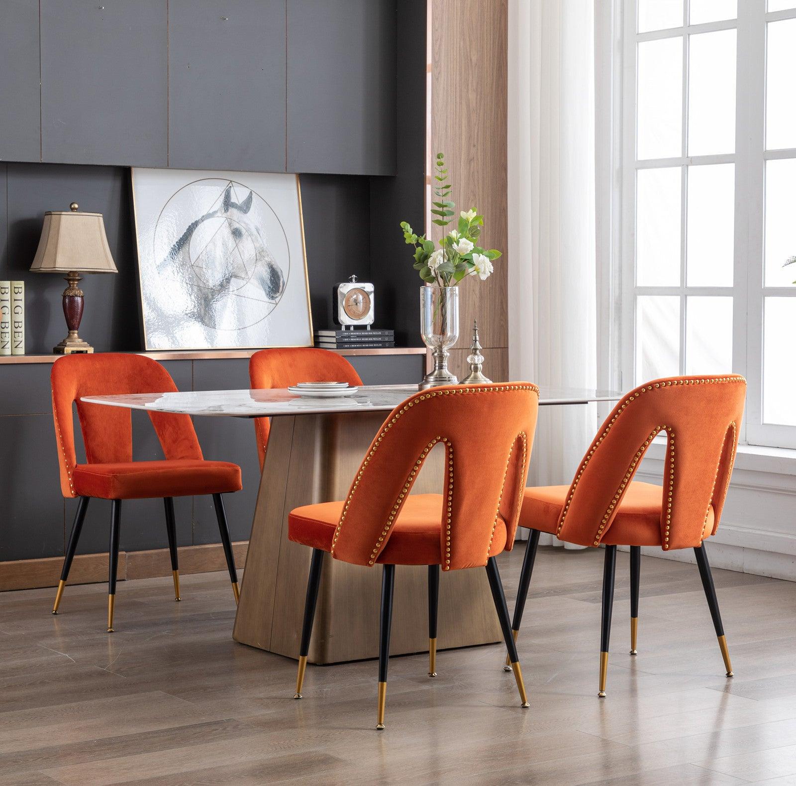 Akoya CollectionModern | Contemporary Velvet Upholstered Dining Chair with Nailheads and Gold Tipped Black Metal Legs, Orange，Set of 2