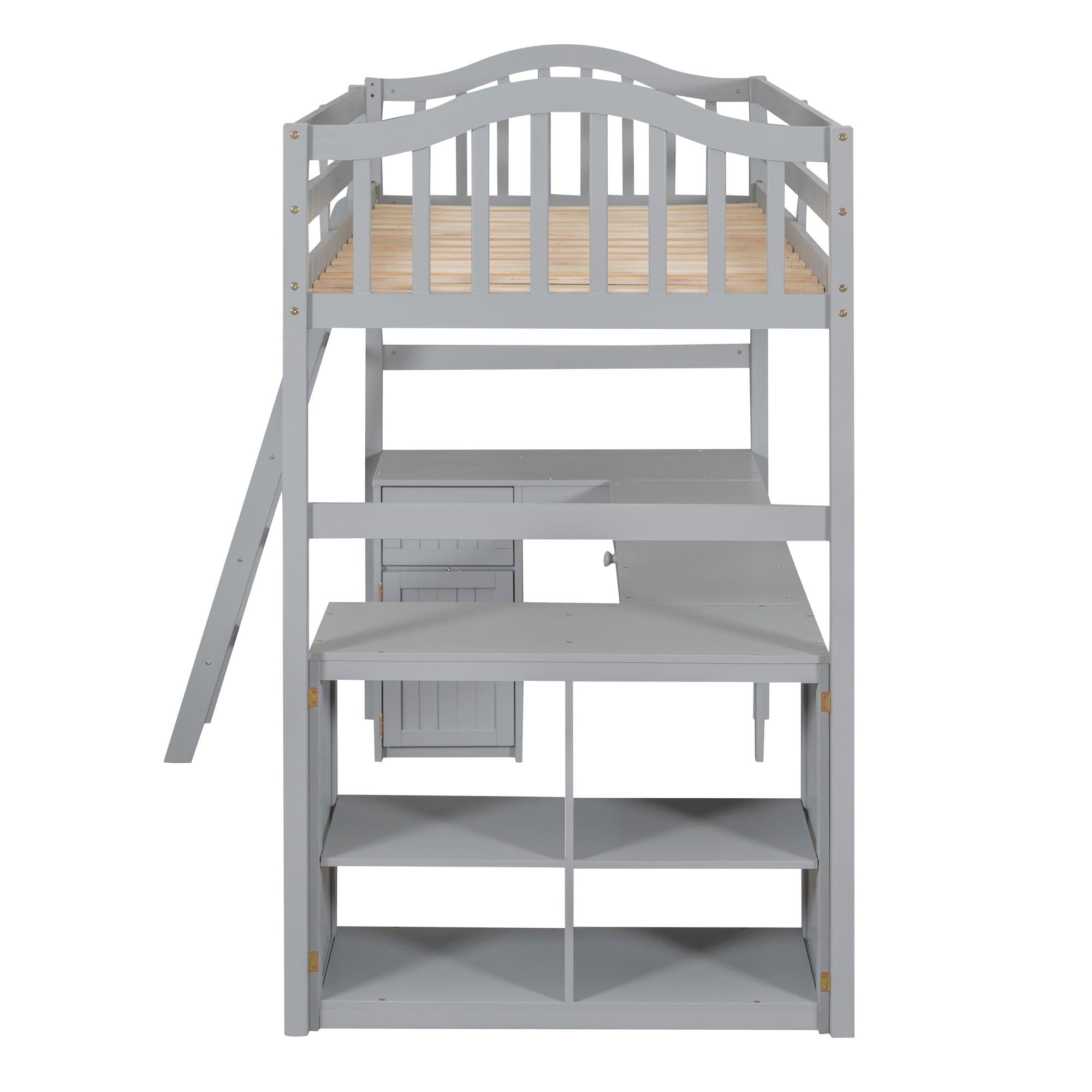 Twin size Loft Bed with Drawers, Cabinet, Shelves and Desk, Wooden Loft Bed with Desk - Gray