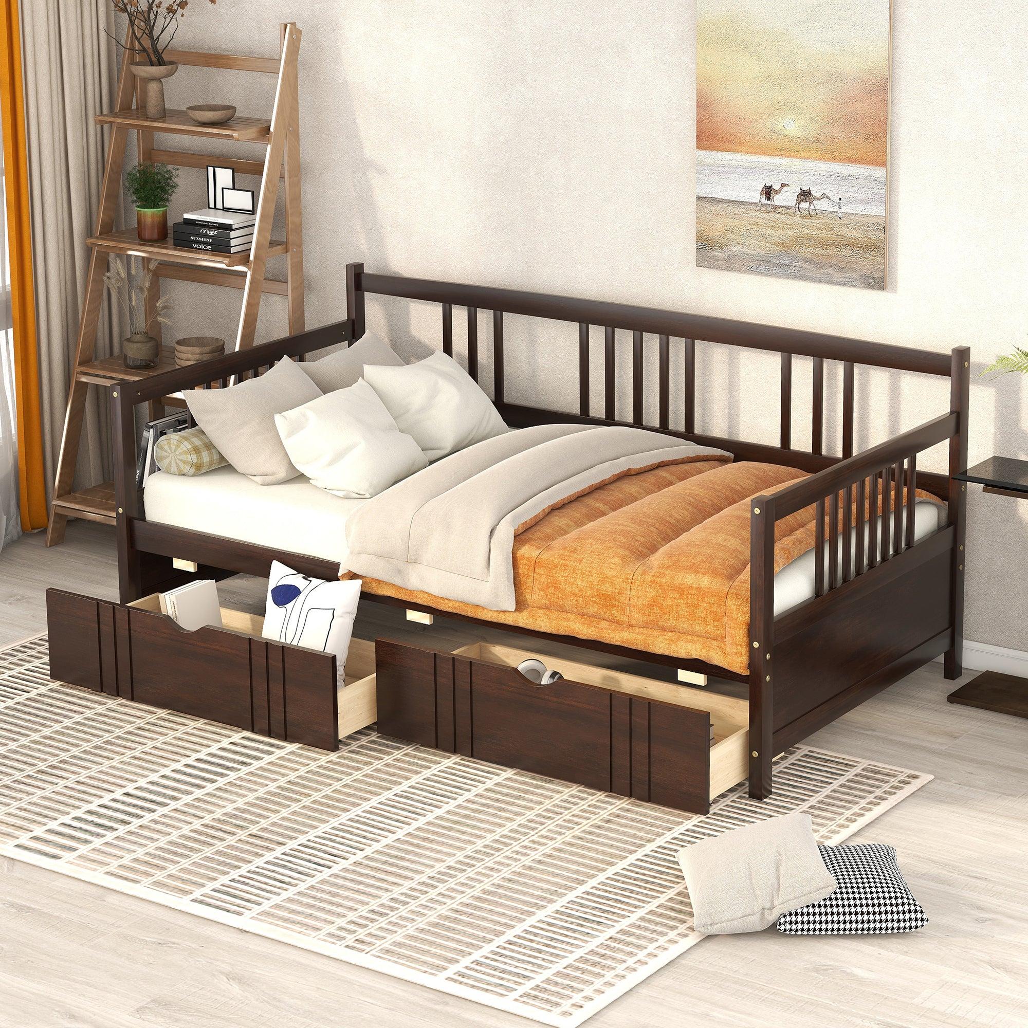 Twin Size Daybed Wood Bed with Two Drawers,Espresso image