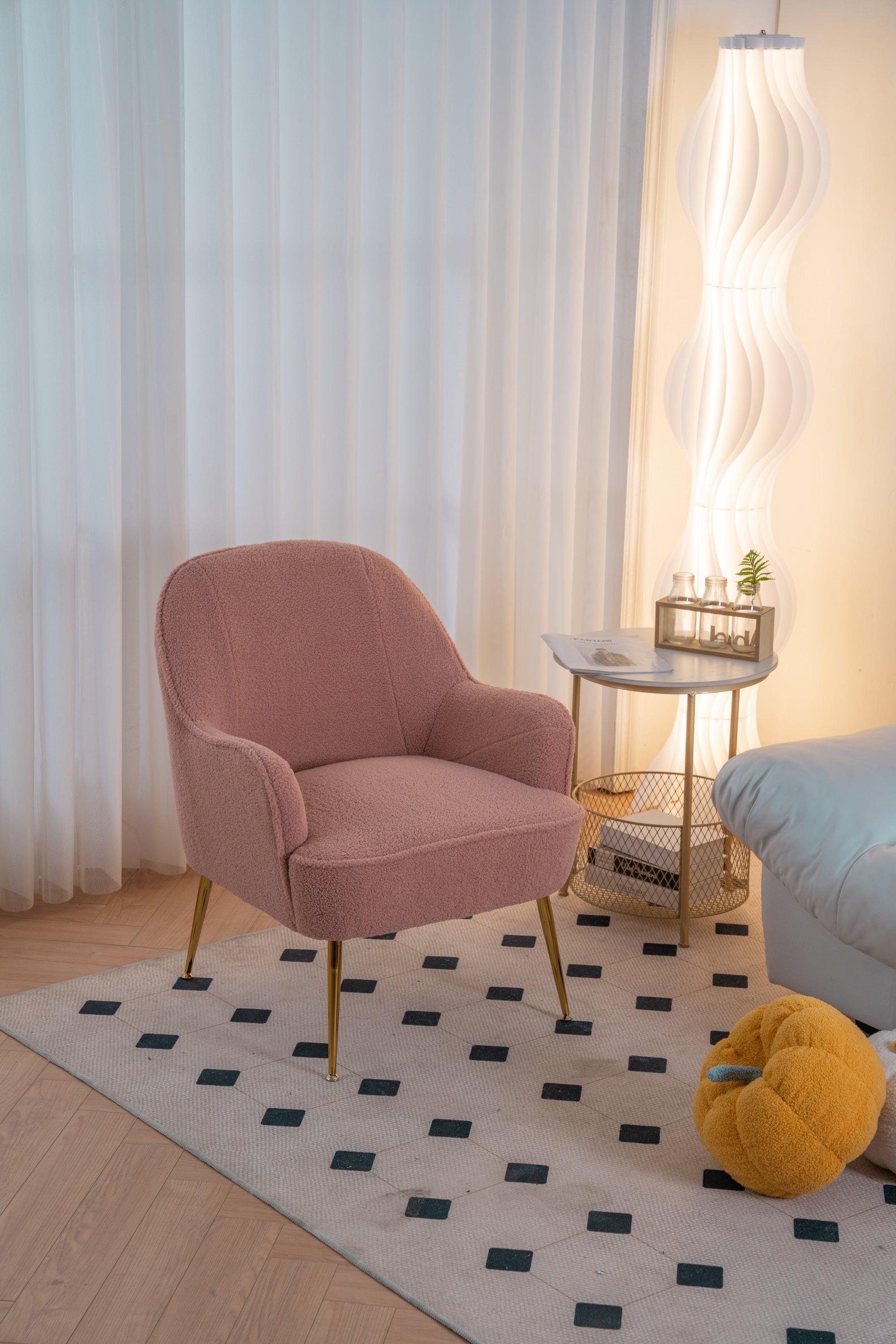 Modern Soft Teddy fabric Pink Ergonomics Accent Chair Living Room Chair Bedroom Chair Home Chair With Gold Legs And Adjustable Legs For Indoor Home