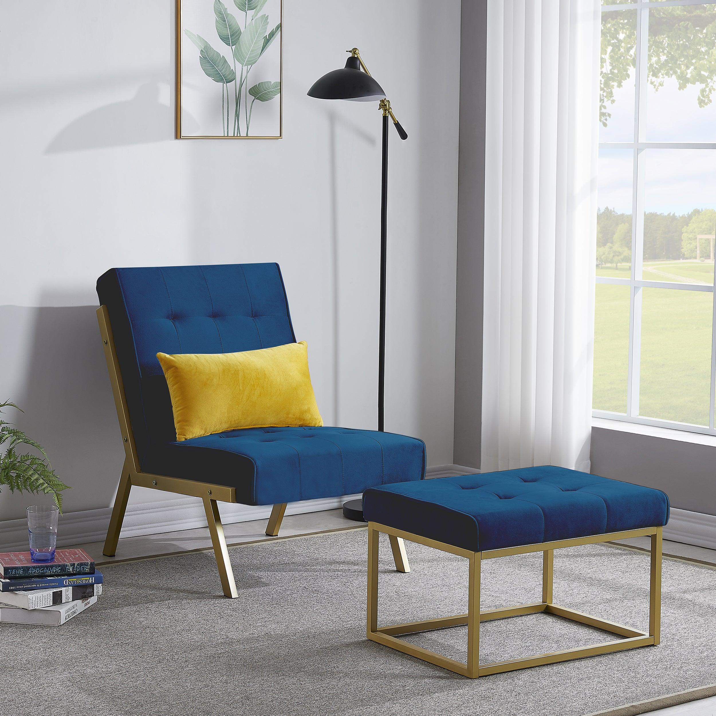 Gold Metal Frame Velvet Upholstery Chair with Ottoman(Navy Blue)