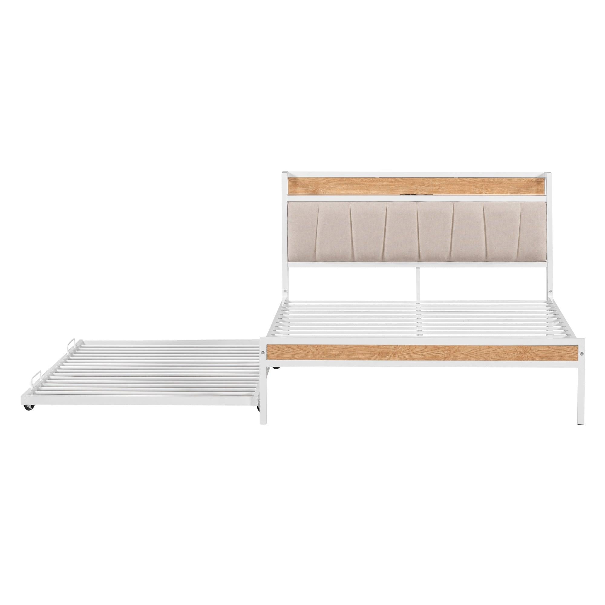 Full Size Metal Platform Bed Frame with Twin size trundle, Upholstered headboard ，Sockets, USB Ports and Slat Support ,No Box Spring Needed，White