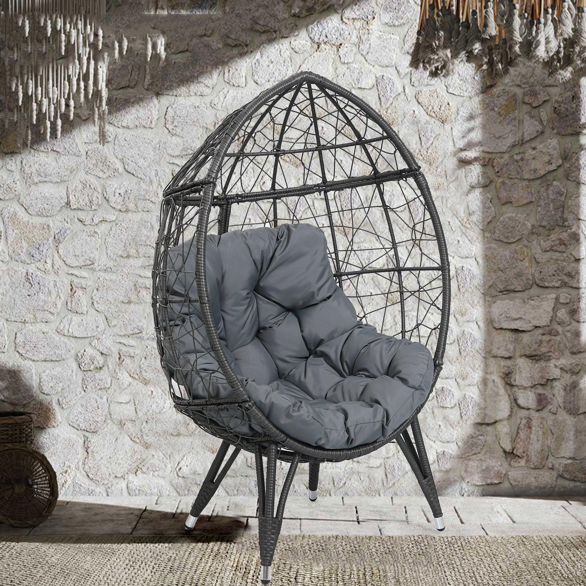 Outdoor Patio Wicker Egg Chair Indoor Basket Wicker Chair with Grey Cusion for Backyard Poolside