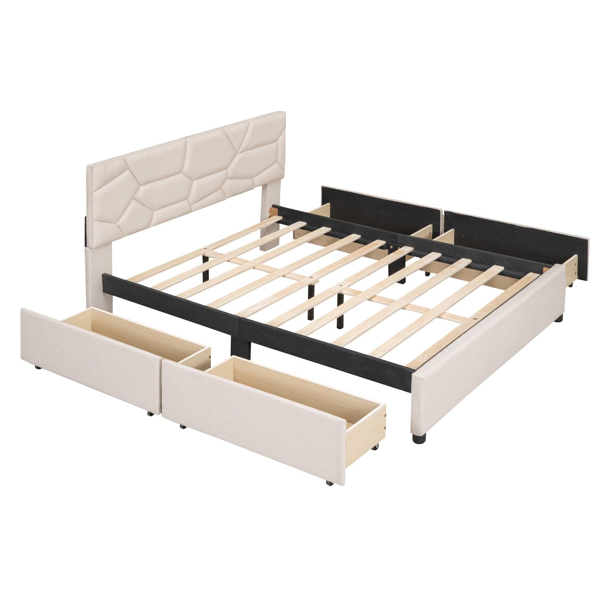 Full Size Upholstered Platform Bed with Brick Pattern Heardboard and 4 Drawers, Linen Fabric, Beige