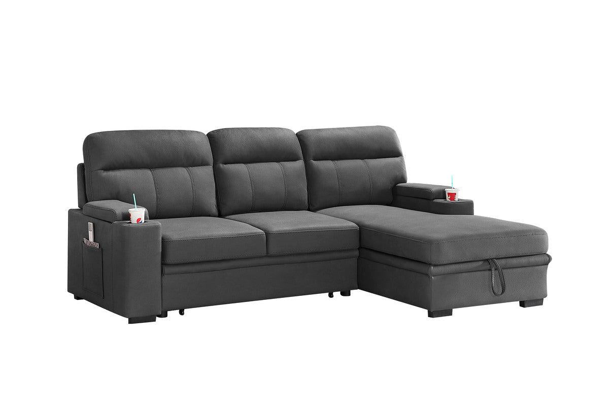 Kaden Gray Fabric Sleeper Sectional Sofa Chaise withStorage Arms and Cupholder