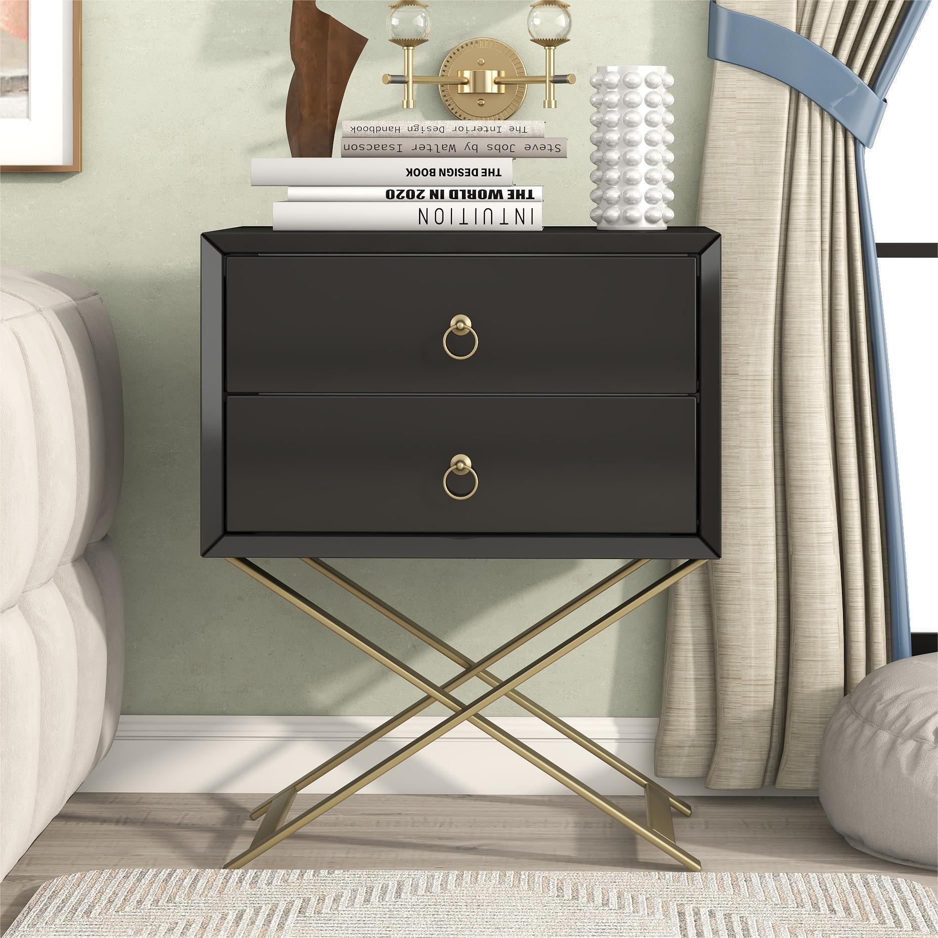 Nightstand with 2 Drawers & lden Handle，Storage Bedside Table- Black image