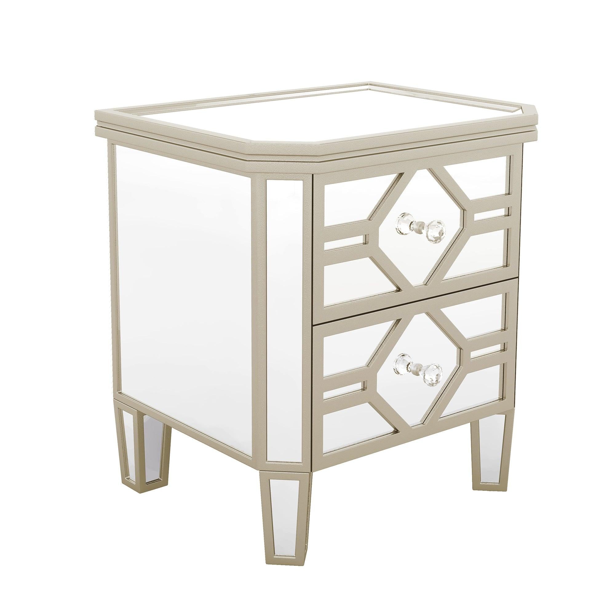 Elegant Mirrored 2-Drawer Side Table with lden Lines for Living Room, Hallway, Entryway