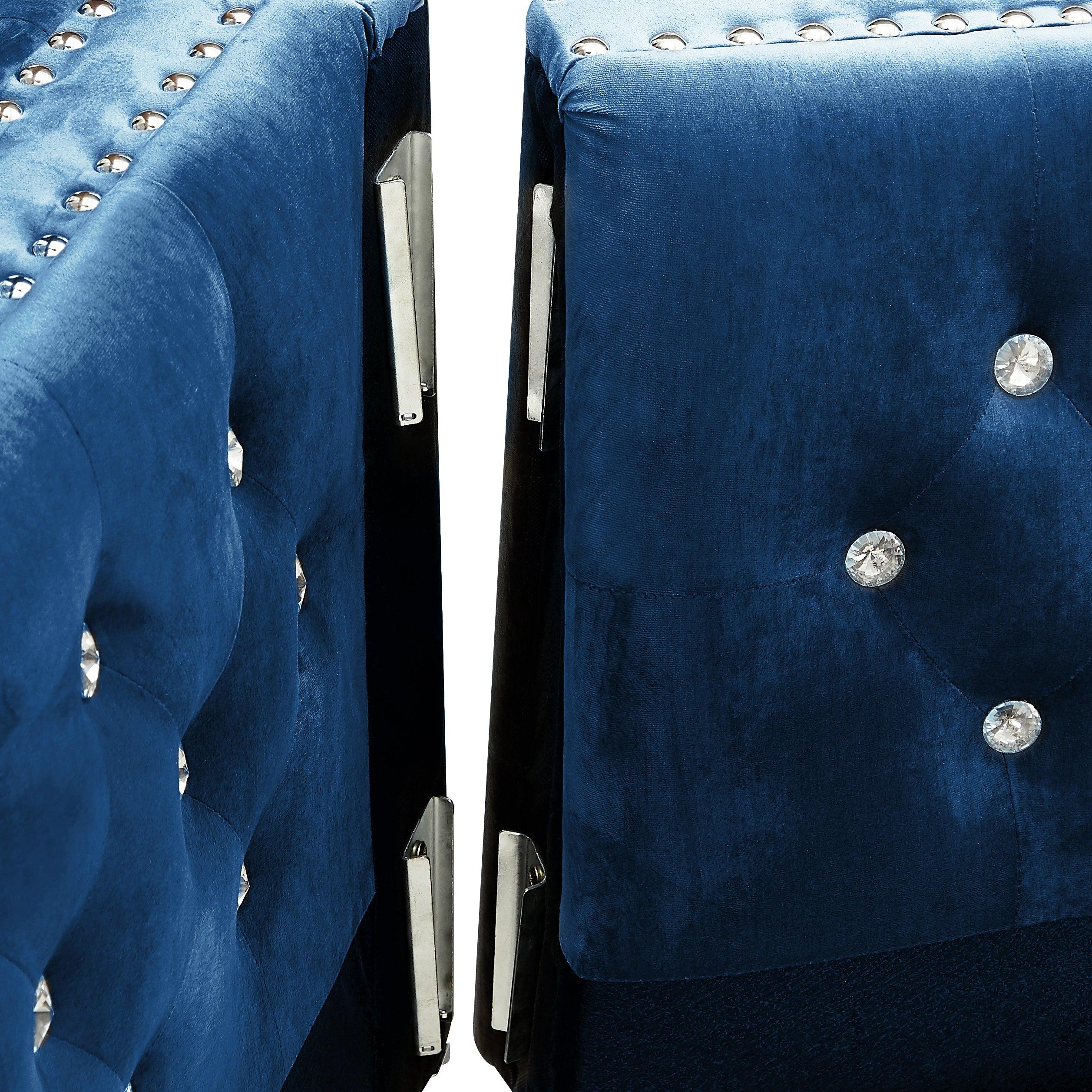 82.3" WidthModern Velvet Sofa Jeweled Buttons Tufted Square Arm Couch Blue,2 Pillows Included