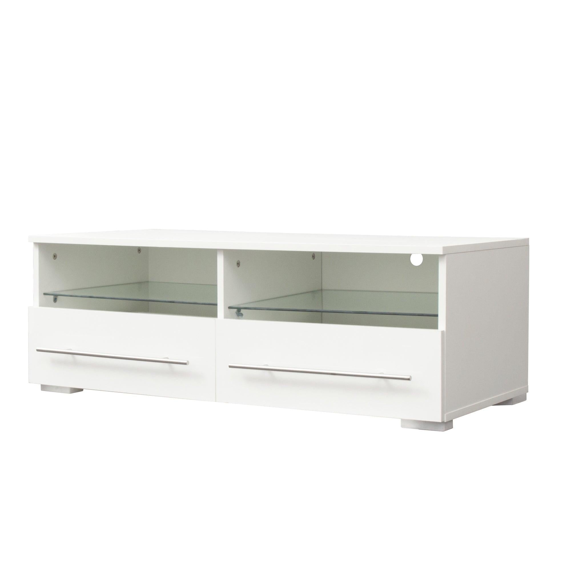 White TV cabinet has two drawers with dual end color-changing LED light strip