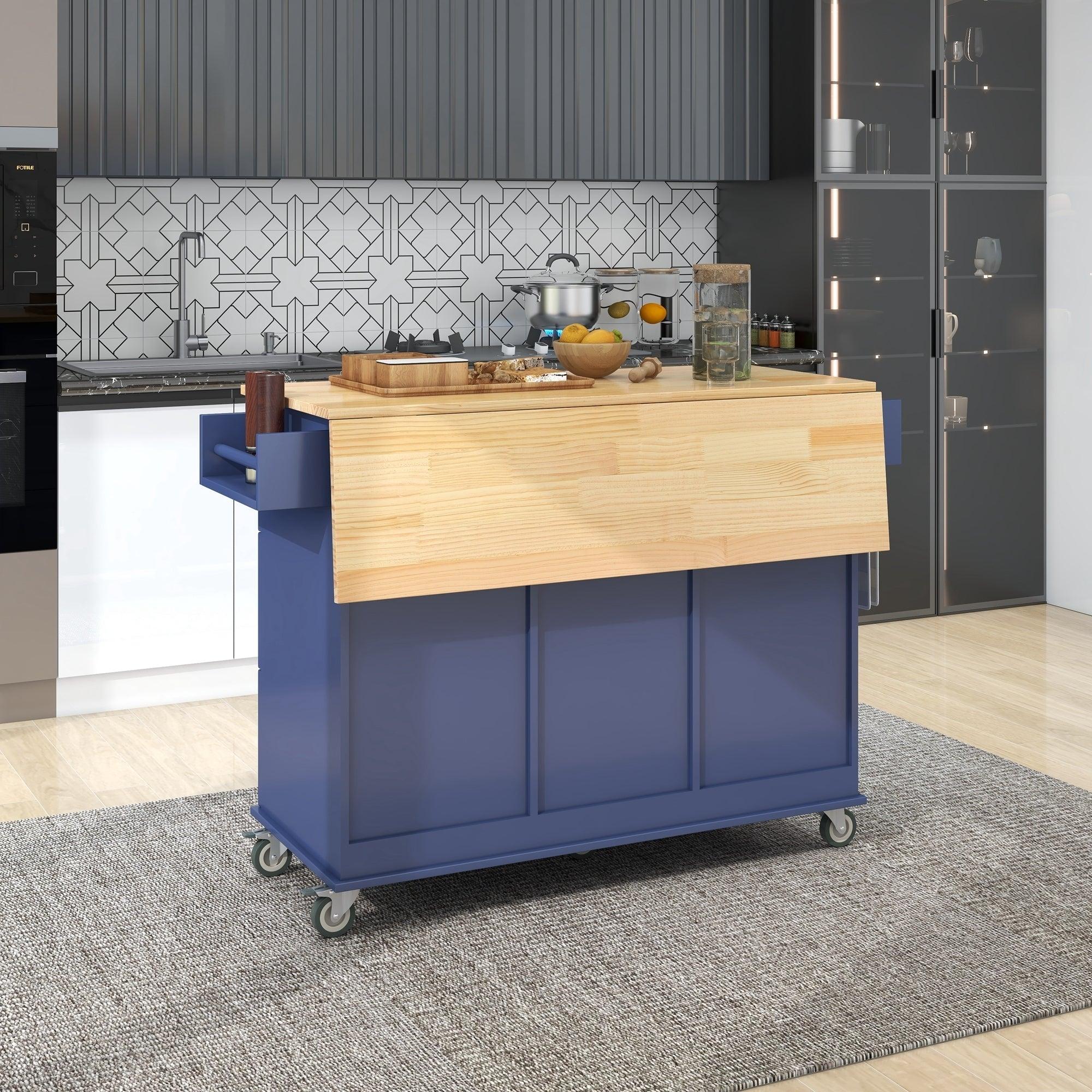 Rolling Mobile Kitchen Island with Drop Leaf - Solid Wood Top, Locking Wheels &Storage Cabinet 52.7 Inch Width（Dark blue）