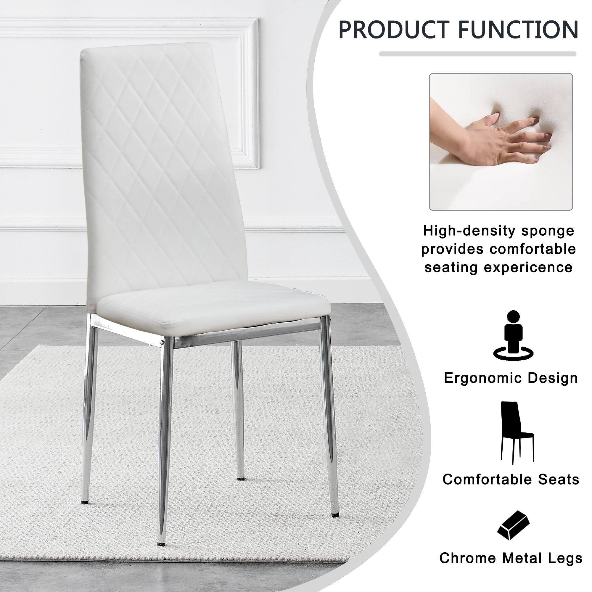 Grid Shaped Armless High Back Dining Chair, 4-piece set, Office Chair. Applicable to DiningRoom, Living Room, Kitchen and Office.White Chair and Electroplated Metal Leg