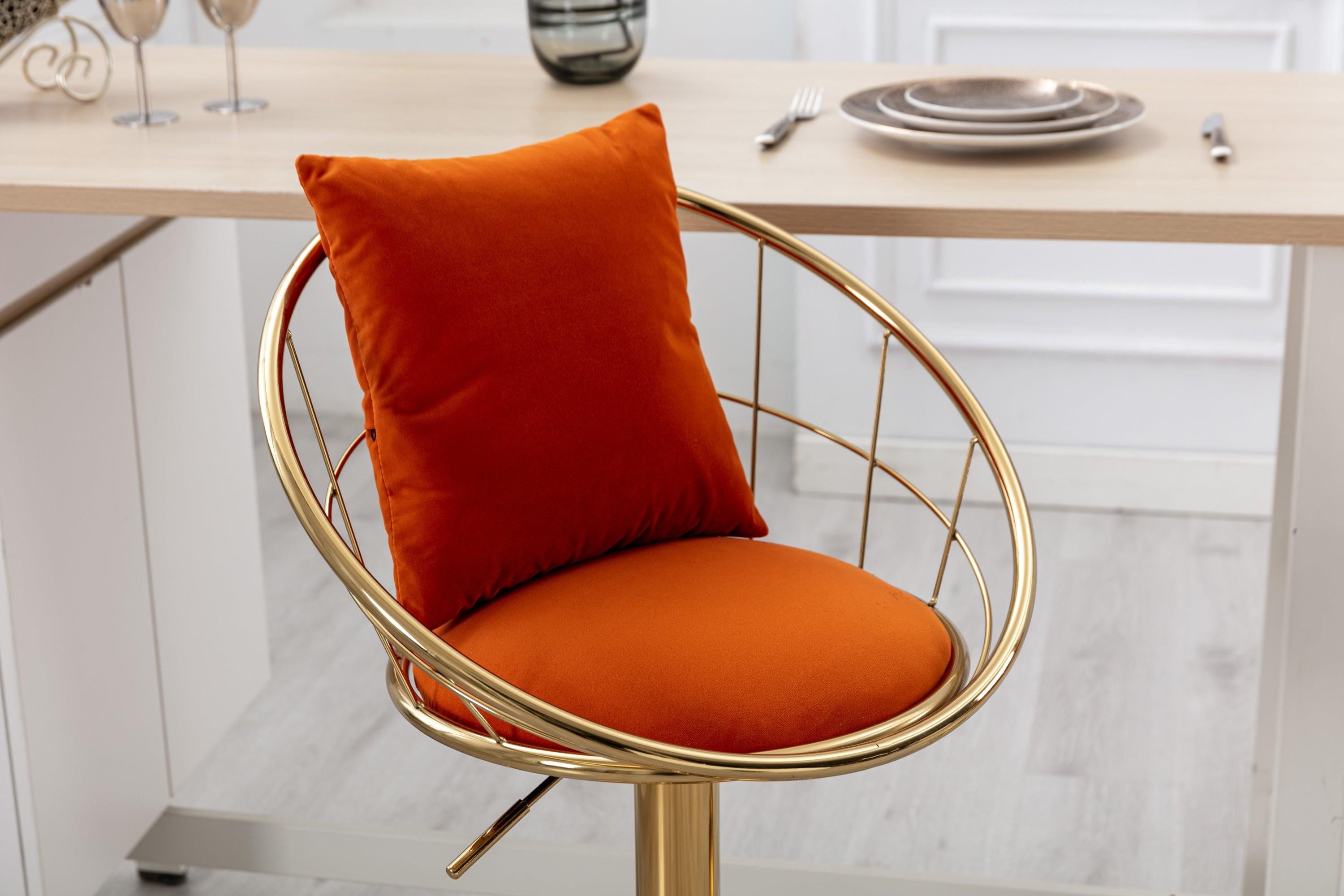 Orange velvet bar chair, pure gold plated, unique design，360 degree rotation, adjustable height，Suitable for dinning room and bar，set of 2