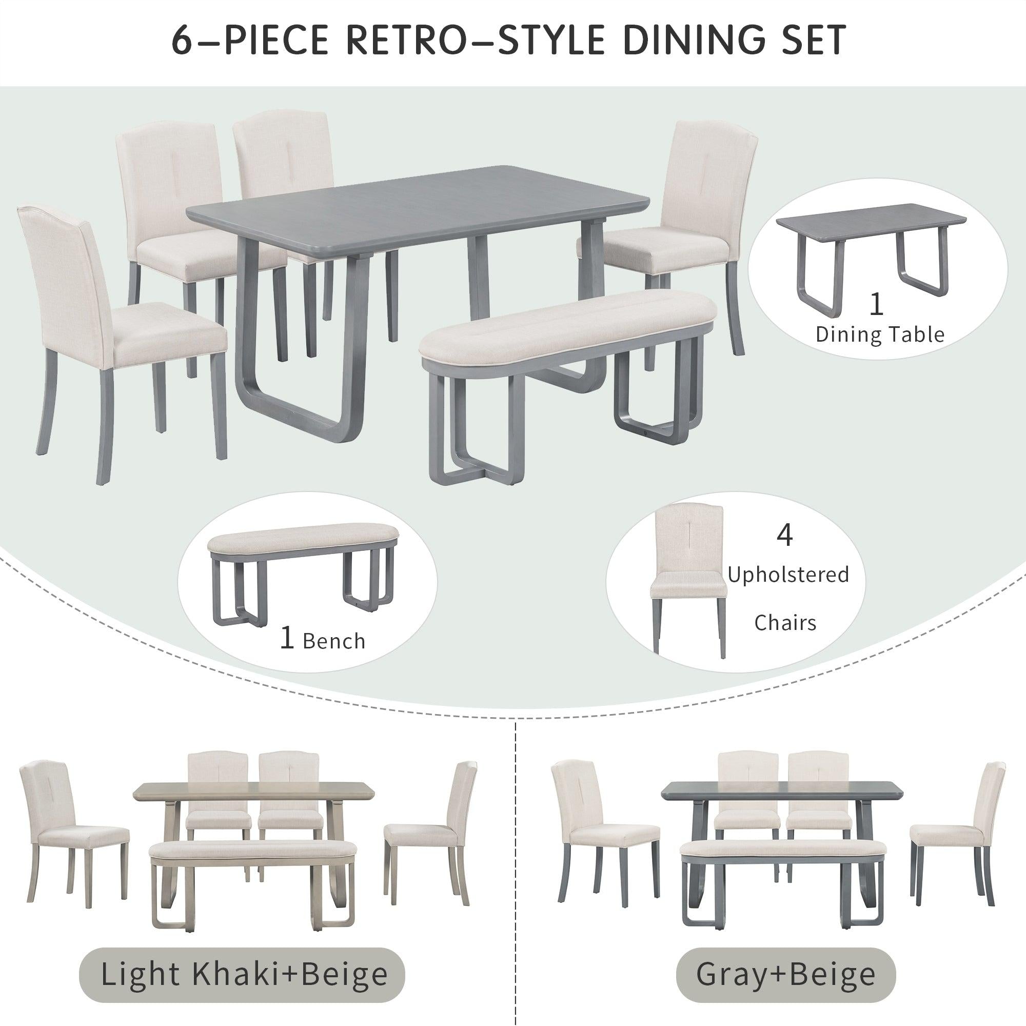 6-Piece Retro-Style Dining Set Includes Dining Table, 4 Upholstered Chairs & Bench with Foam-covered Seat Backs&Cushions for Dining Room (Gray+Beige)