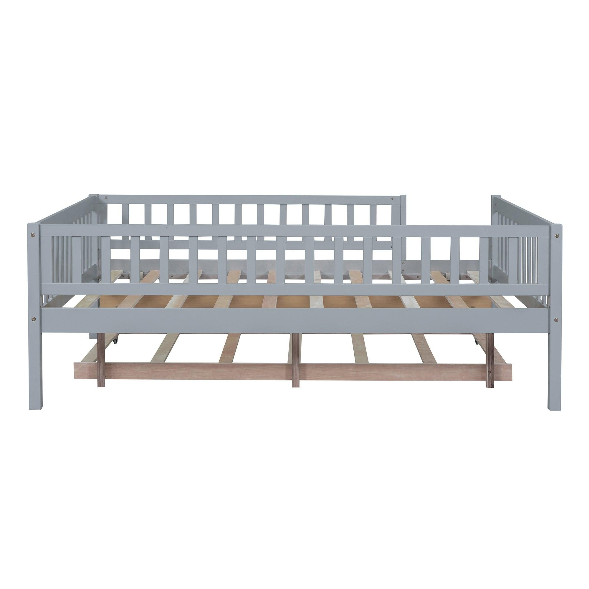 Full Size Wood Daybed with Trundle and Fence Guardrails, Gray