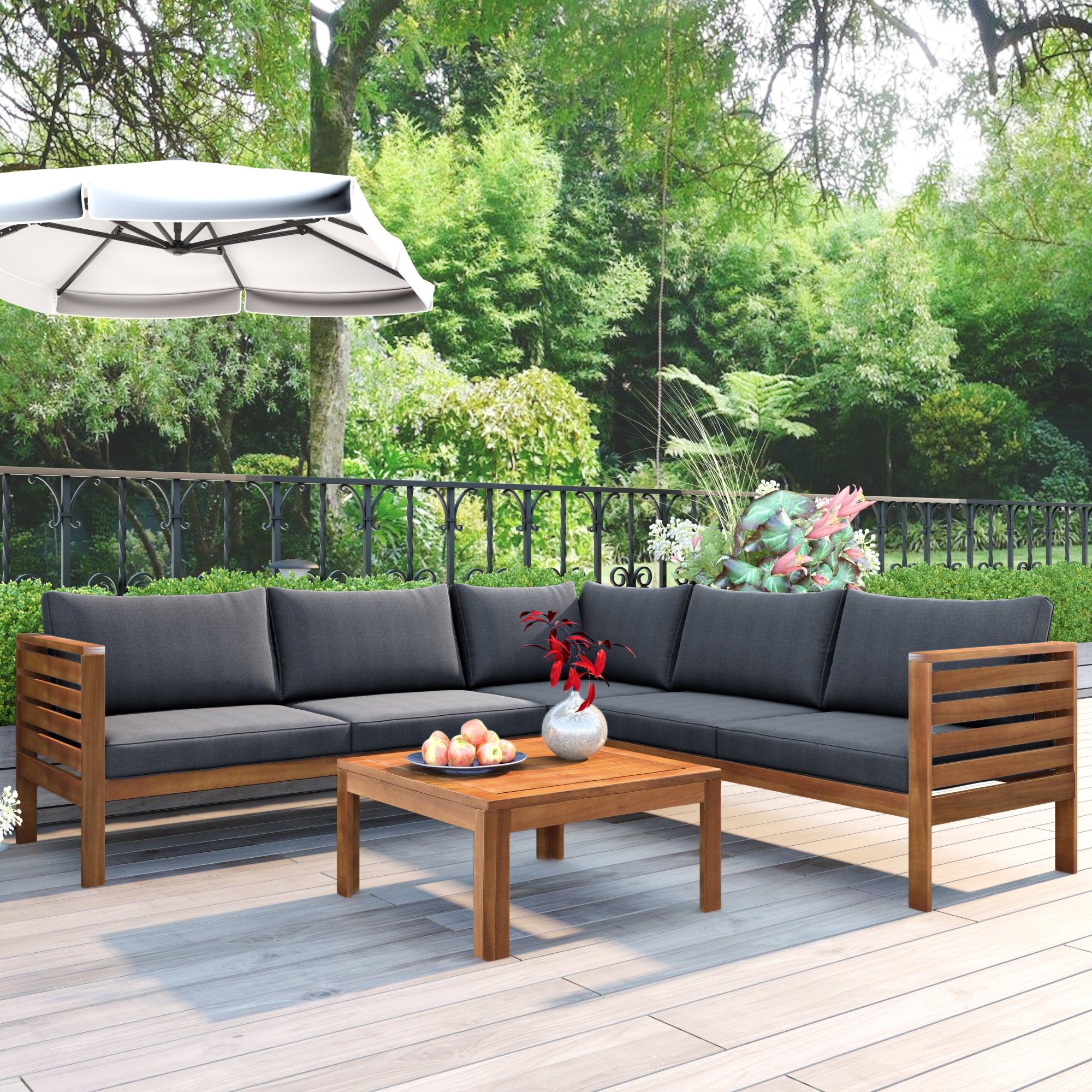 Wood Structure Outdoor Sofa Set with gray Cushions Exotic design Water-resistant and UV Protected texture Two-person Sofa One Corner Sofa plus One Coffee Table Strong Metal Accessories