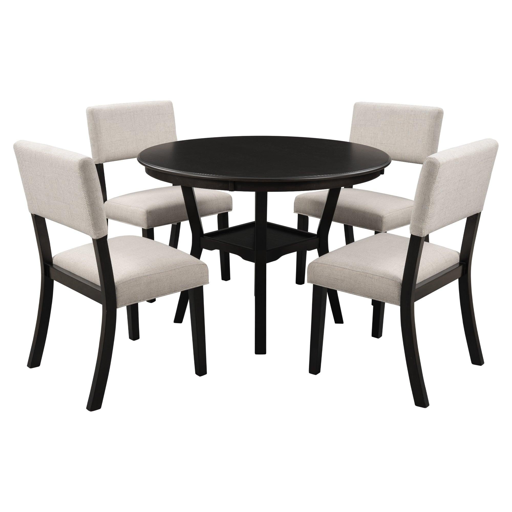 5-Piece Kitchen Dining Table Set Round Table with Bottom Shelf, 4 Upholstered Chairs for Dining Room（Espresso）