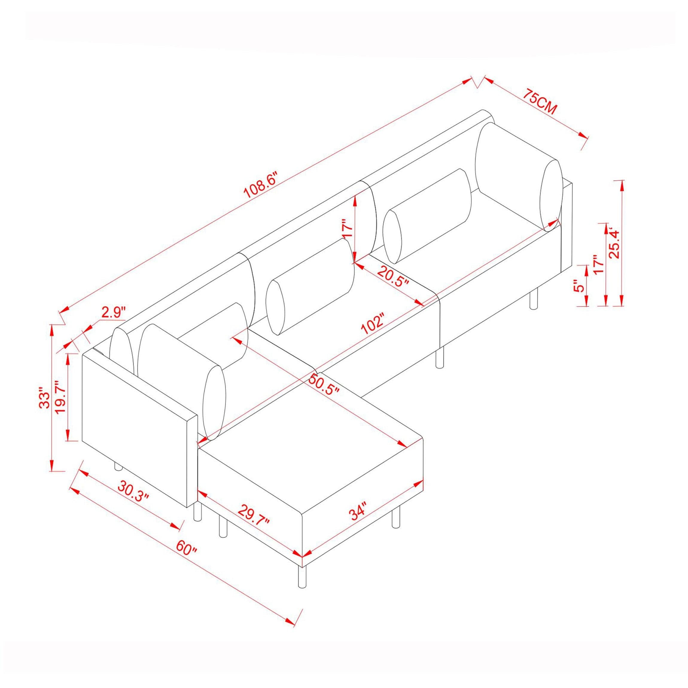 Modern Luxury Sectional Sofa Couch Quality Upholstery L Shape Sofa lden Metal Leg with Convertible Ottoman Chaise Grey